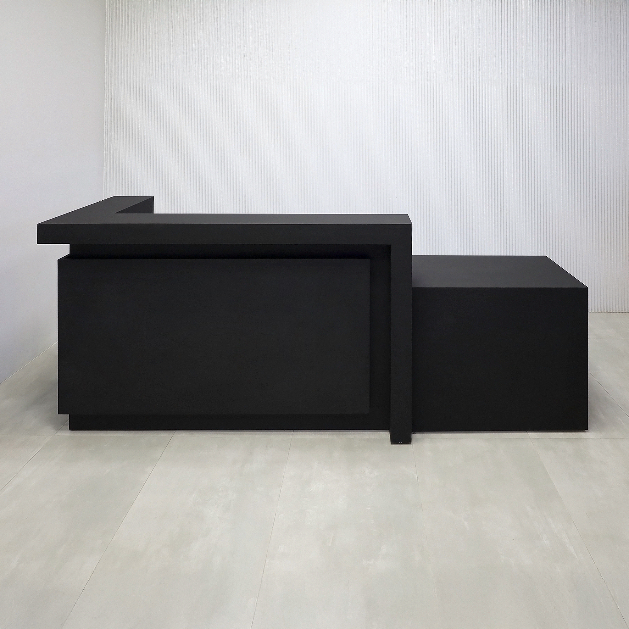 108-inch New York L ADA Reception Desk with Black Cinder Matte laminate desk, Black Cinder matte laminate workspace, Black Cinder matte laminate front panel, and Warm White LED with remote control.