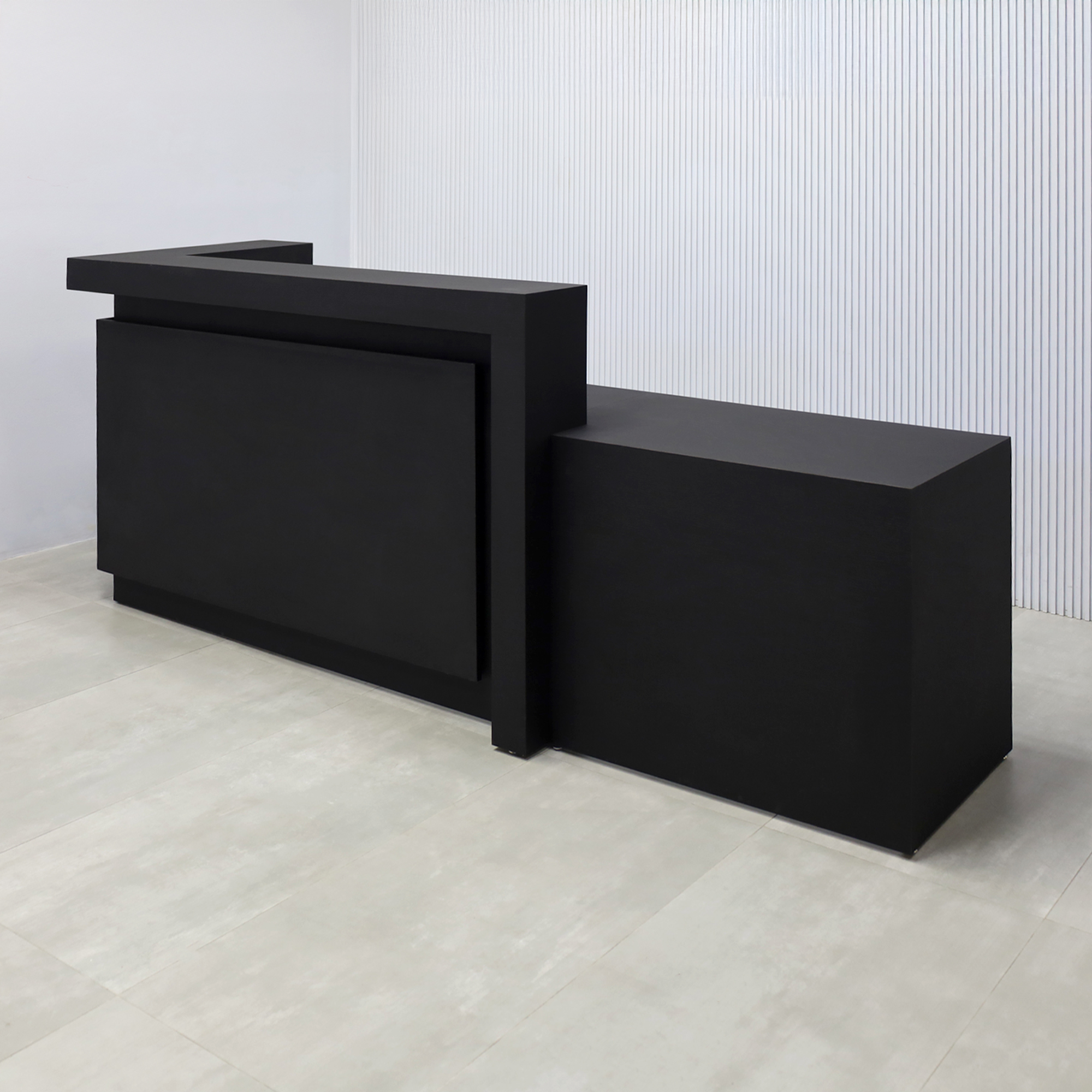 108-inch New York L ADA Reception Desk with Black Cinder Matte laminate desk, Black Cinder matte laminate workspace, Black Cinder matte laminate front panel, and Warm White LED with remote control.