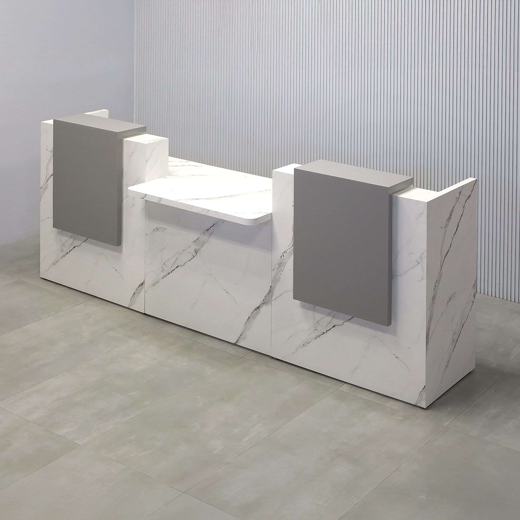 108-inch Chicago Double Counter ADA Compliant Desk with Fog Gray matte laminate counter, Calcutta Stone PVC bottom, and White LED.