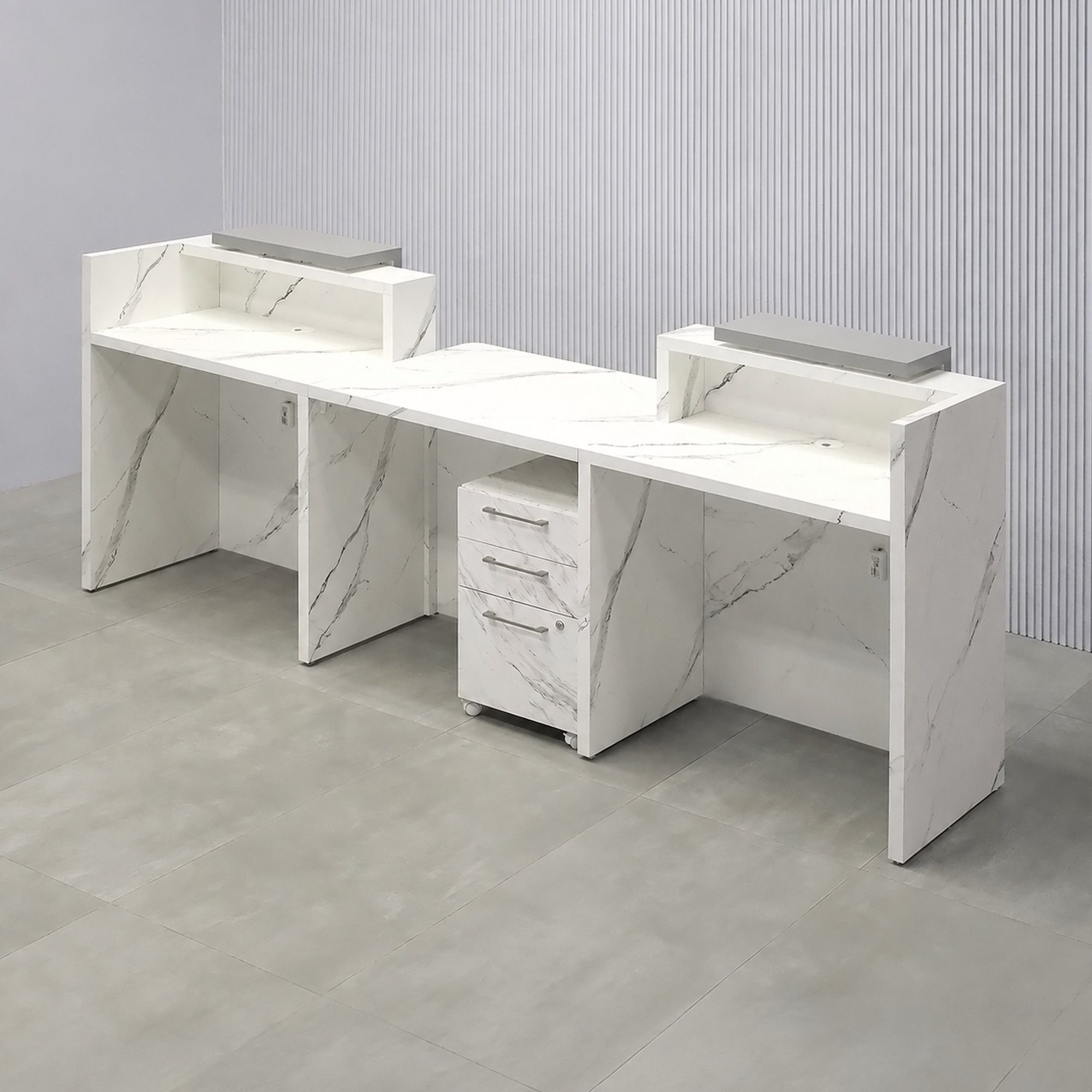 108-inch Chicago Double Counter ADA Compliant Desk with Fog Gray matte laminate counter, Calcutta Stone PVC bottom, and White LED.