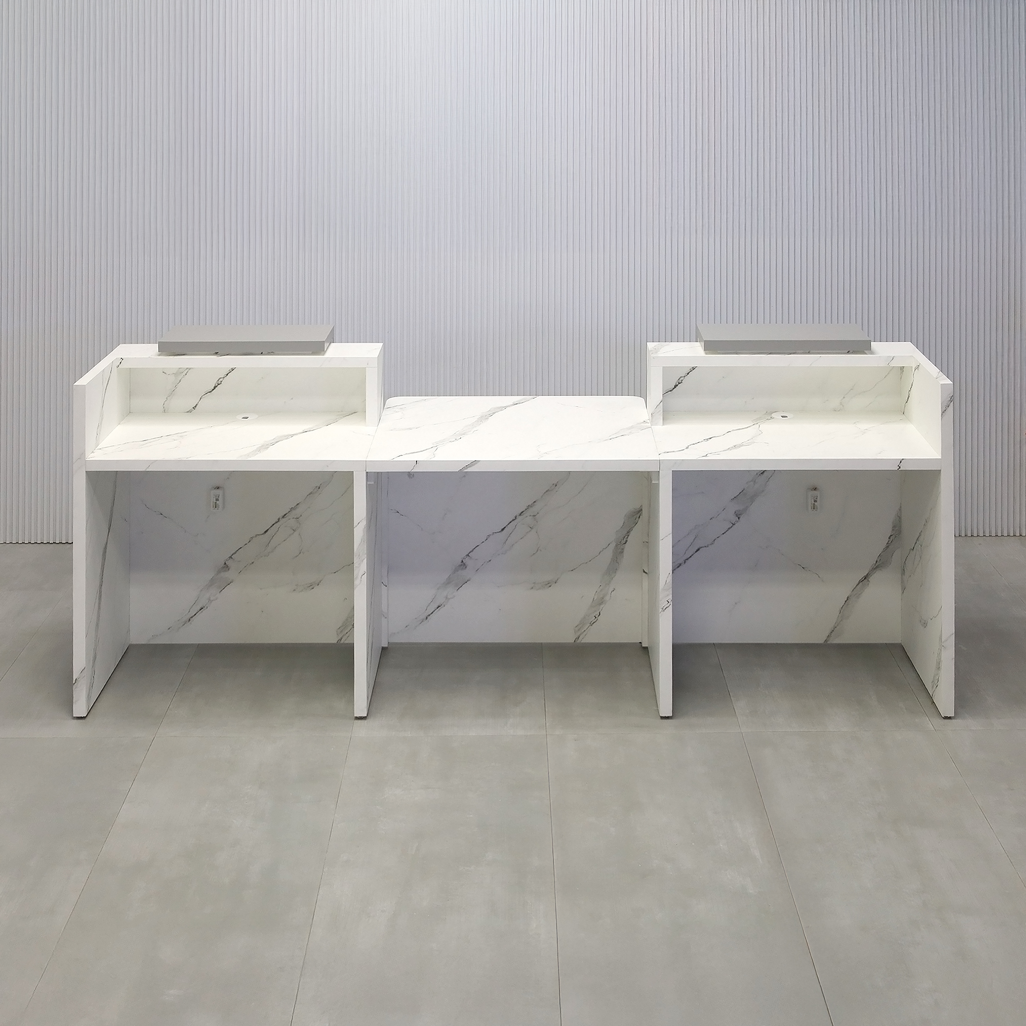 108-inch Chicago Double Counter ADA Compliant Desk with Fog Gray matte laminate counter, Calcutta Stone PVC bottom, and White LED.
