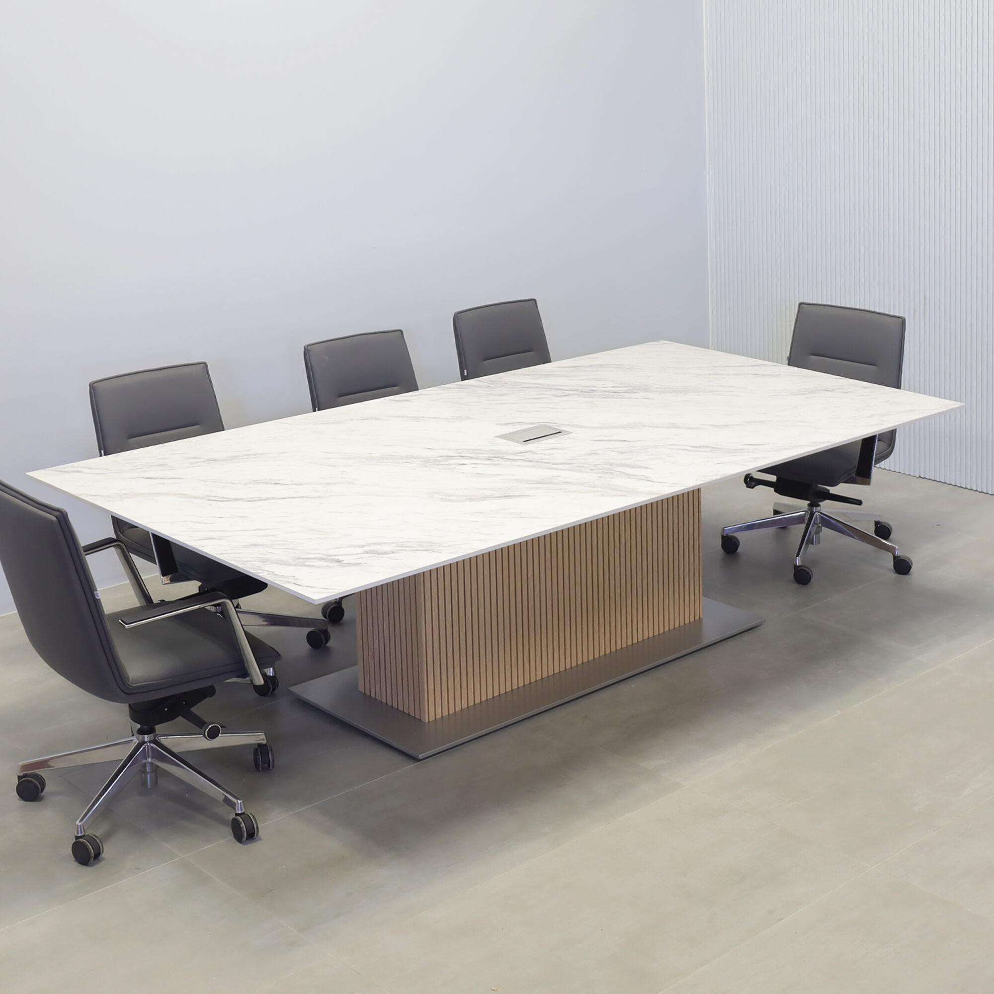 120-inch Aurora Rectangular Conference Table with calcutta engineered surface top, white oak tambour pedestal, and  X3 silver metal powder-coated base.