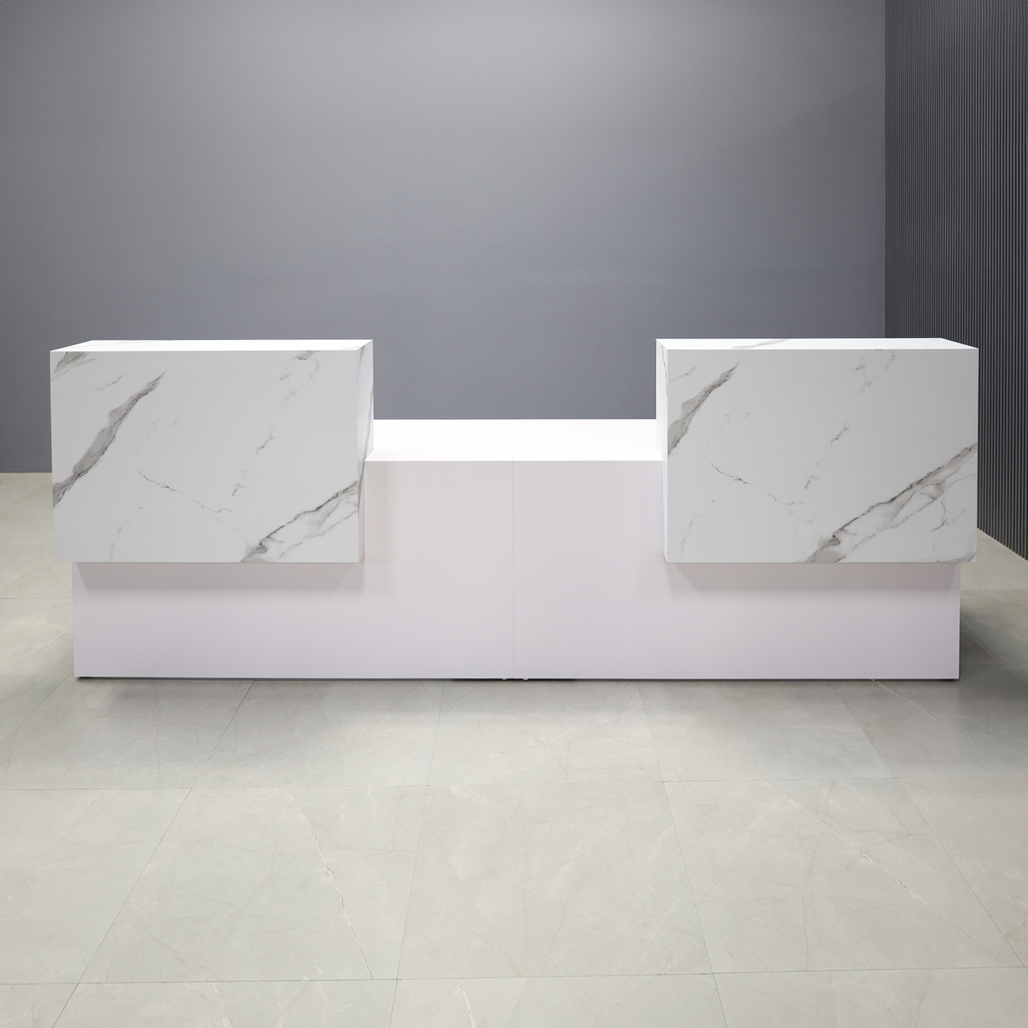 120-inch Los Angeles Double Counter Custom Reception Desk in calcutta stone PVC counters and white matte laminate desks.
