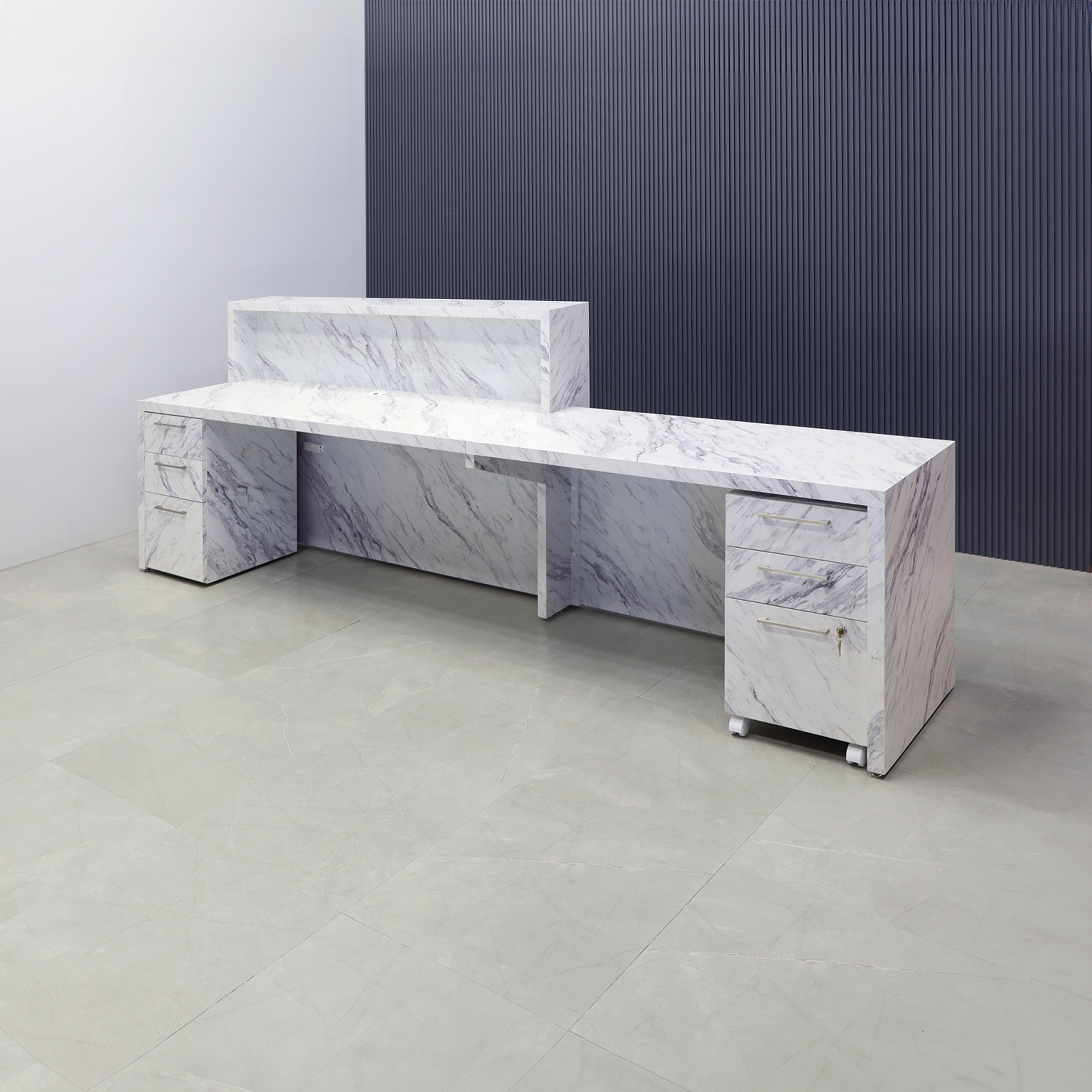 126-inch New York ADA Compliant Custom Reception Desk with Calcutta Laminate desk finish, and white LED.