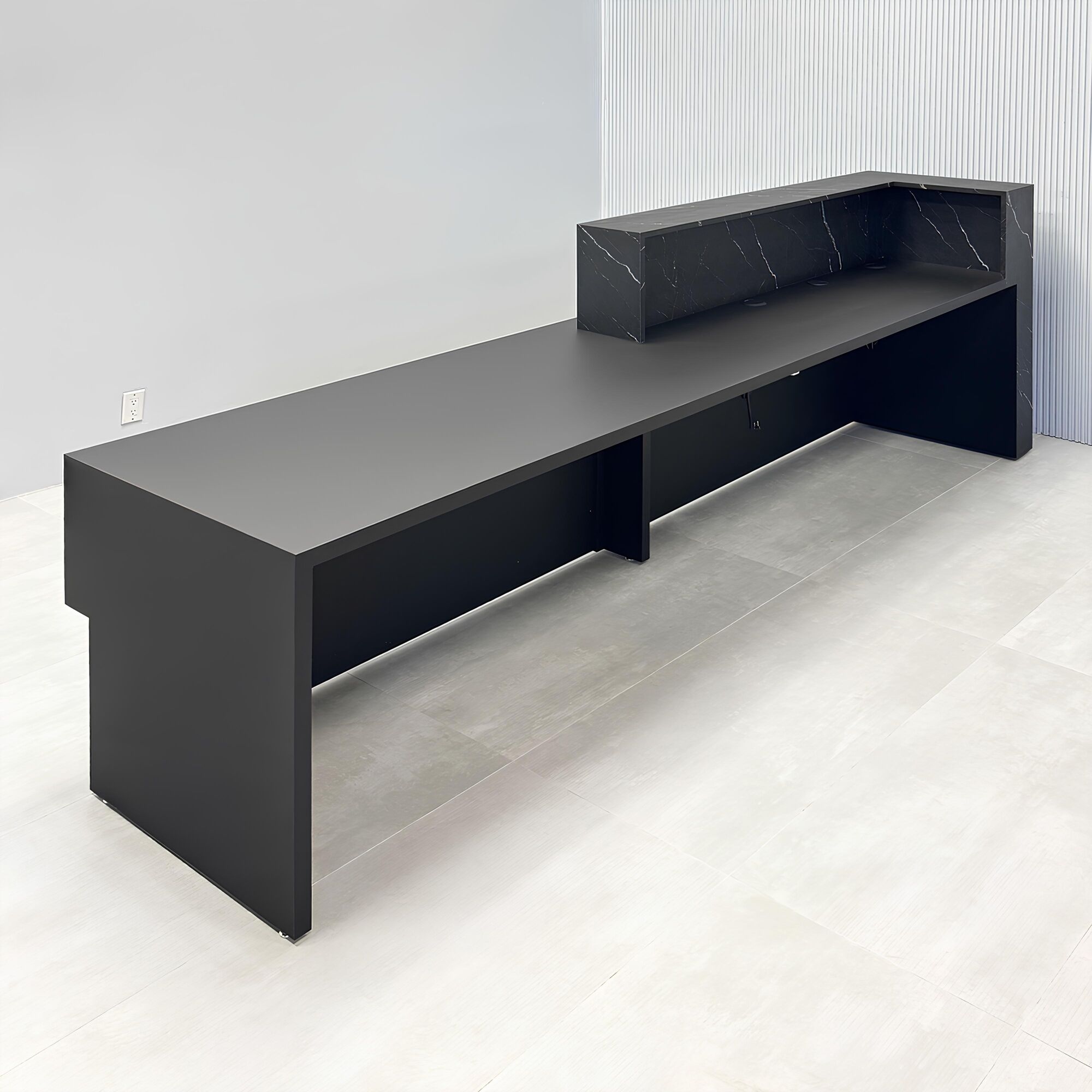 132-inch Atlanta Custom ADA Reception Desk with black stone palazzo desk, black traceless laminate workspace & accent panel, and colored LED.