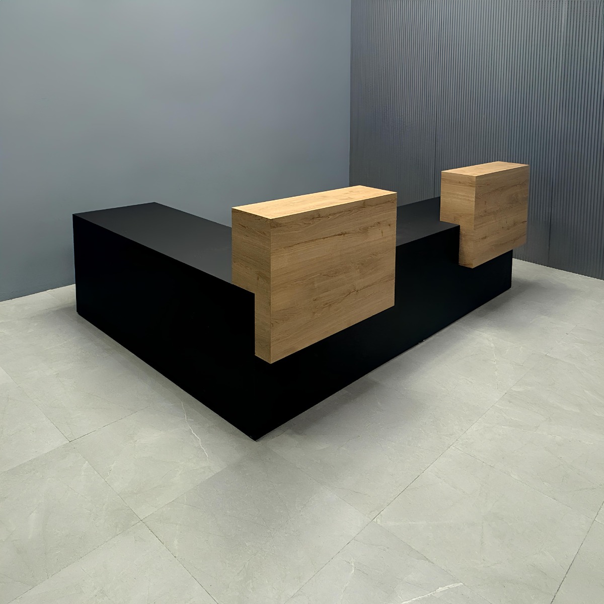 136in black traceless laminate main desk planked urban oak matte laminate counter noled with low extension
