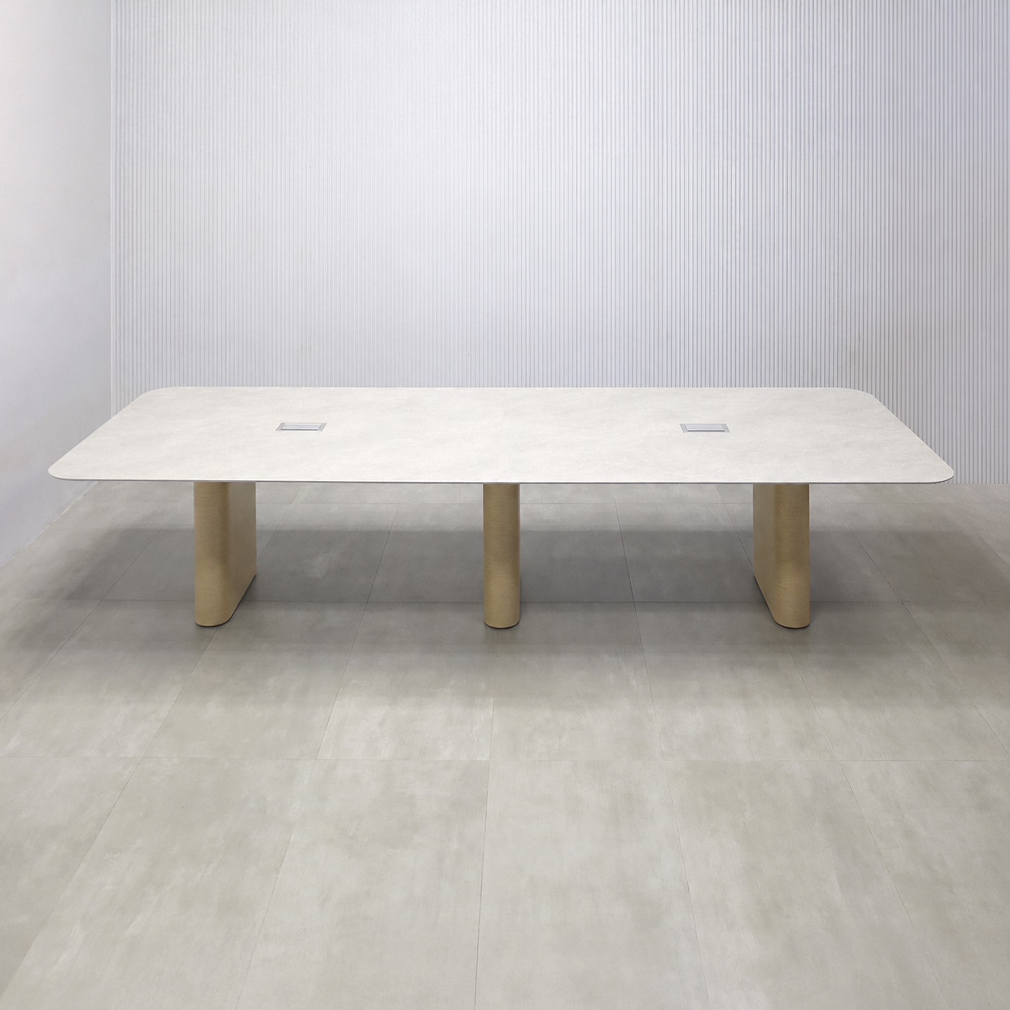 144-inch Aurora Racetrack Conference Table with 1/2" Positano engineered surface(Special Finish) top, White Oak veneer base, and two Silver Mx3 power boxes.
