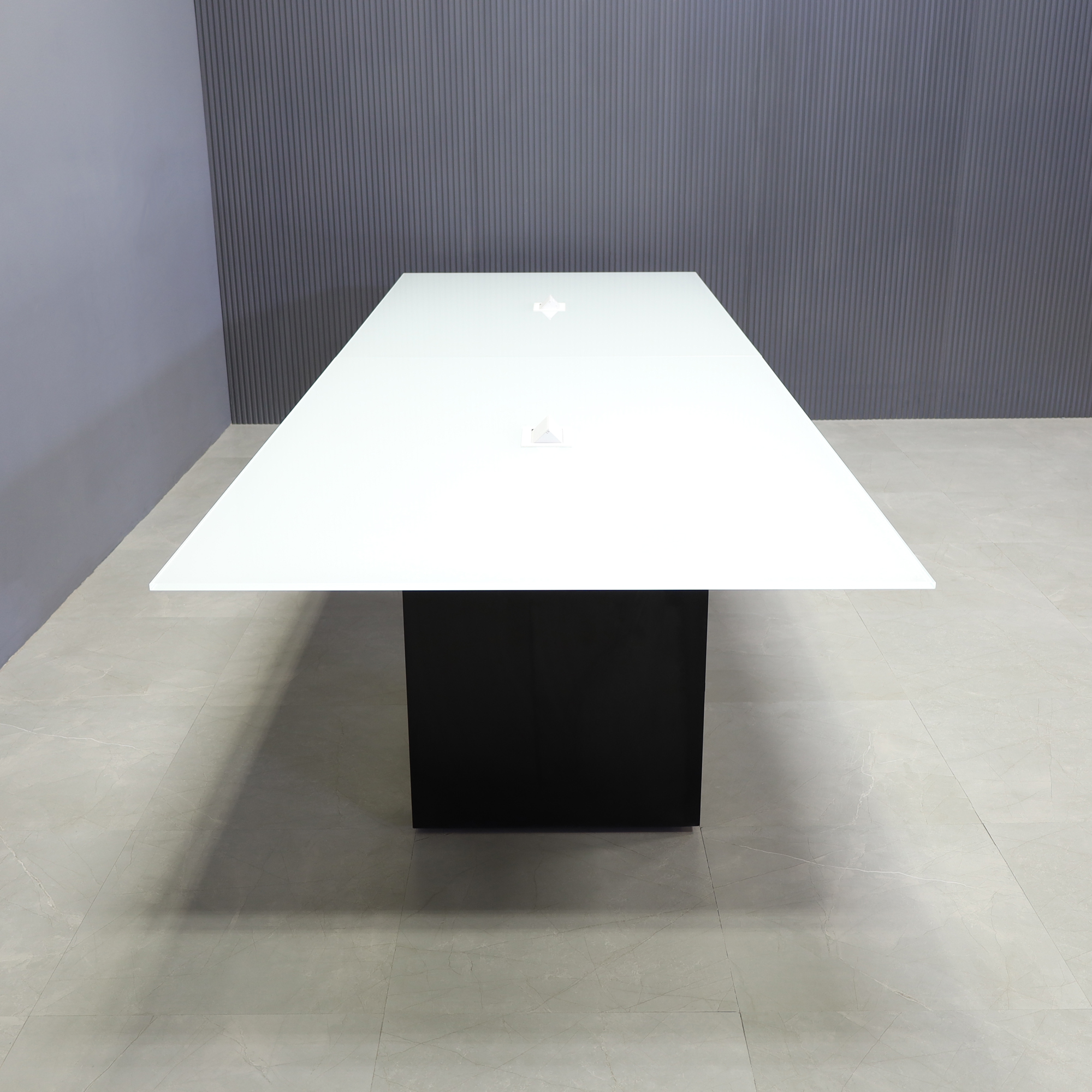 144-inch Omaha Rectangular Conference Table with white glass top, black matte laminate base, and 2 MX2 power boxes in white.