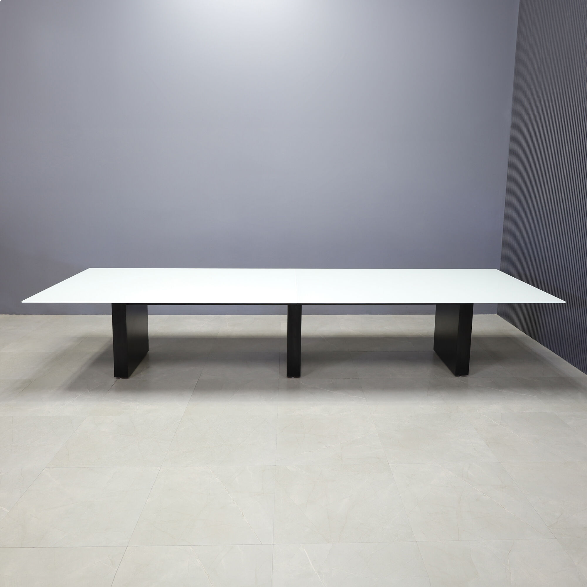 144-inch Omaha Rectangular Conference Table in 1/2" white tempered glass top, and black matte laminate base.