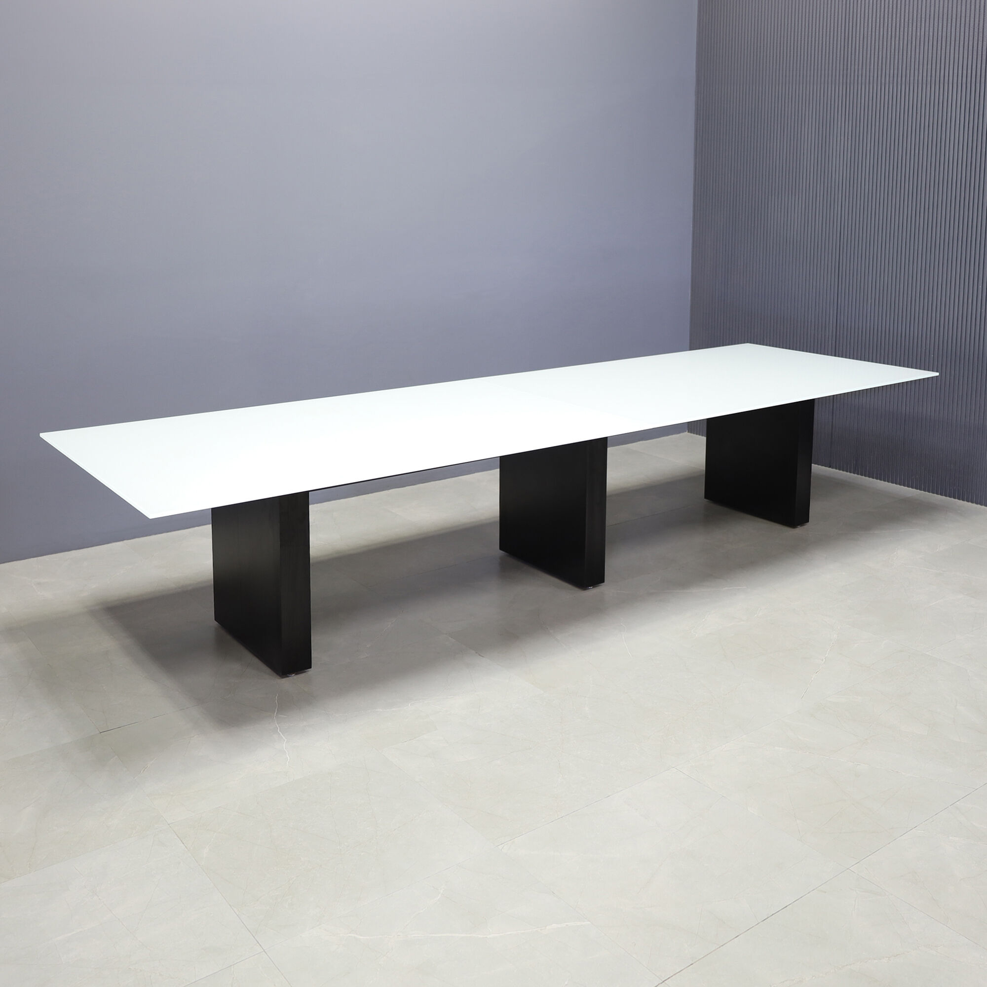 144-inch Omaha Rectangular Conference Table in 1/2" white tempered glass top, and black matte laminate base.