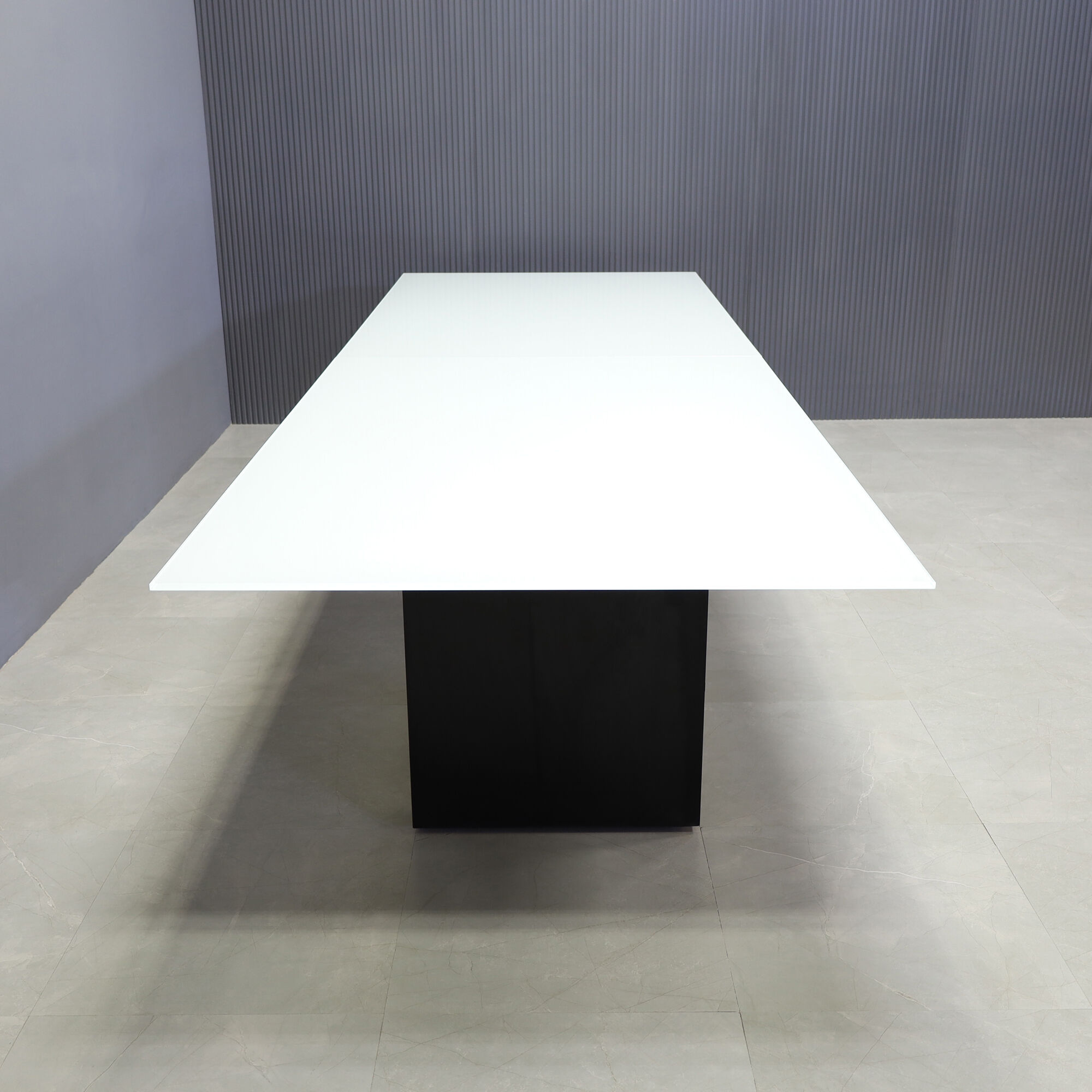144-inch Omaha Rectangular Conference Table in 1/2" white tempered glass top, and black matte laminate base.