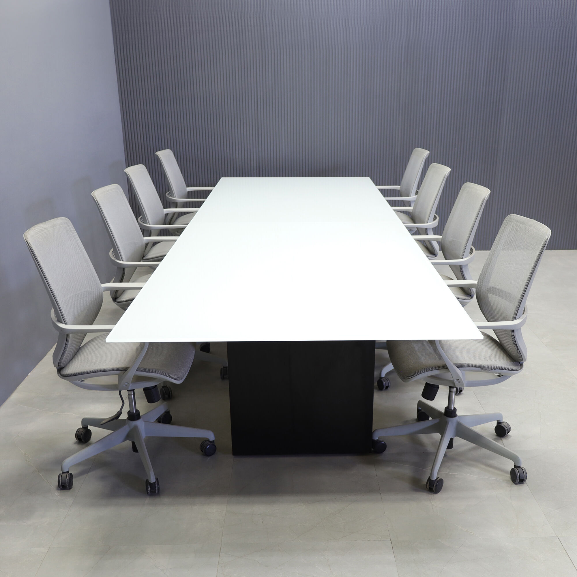 144-inch Omaha Rectangular Conference Table in 1/2" white tempered glass top, and black matte laminate base.