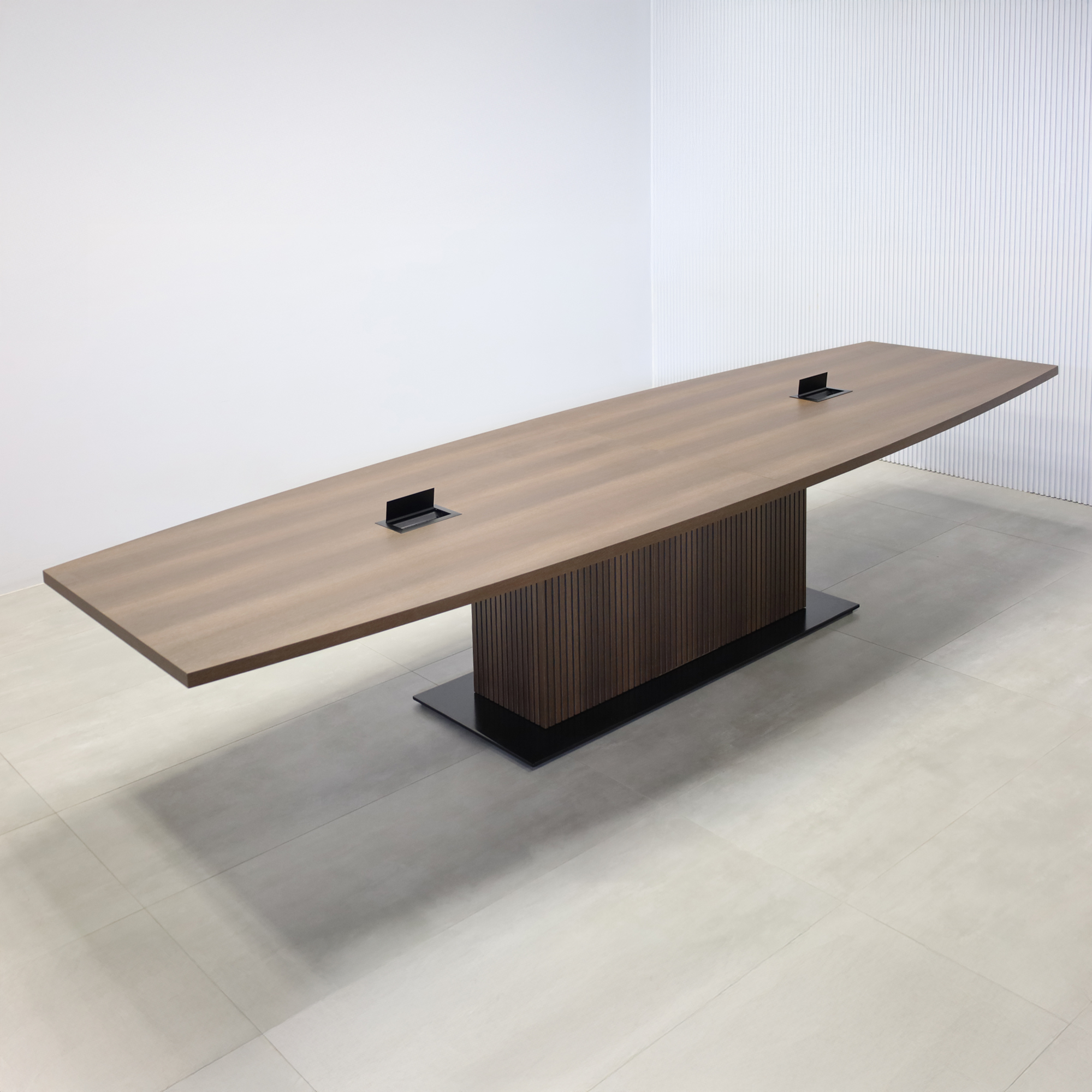 144-inch Newton Boat Conference Table with Special Oak Veneer Finish and Black powder-coated base.