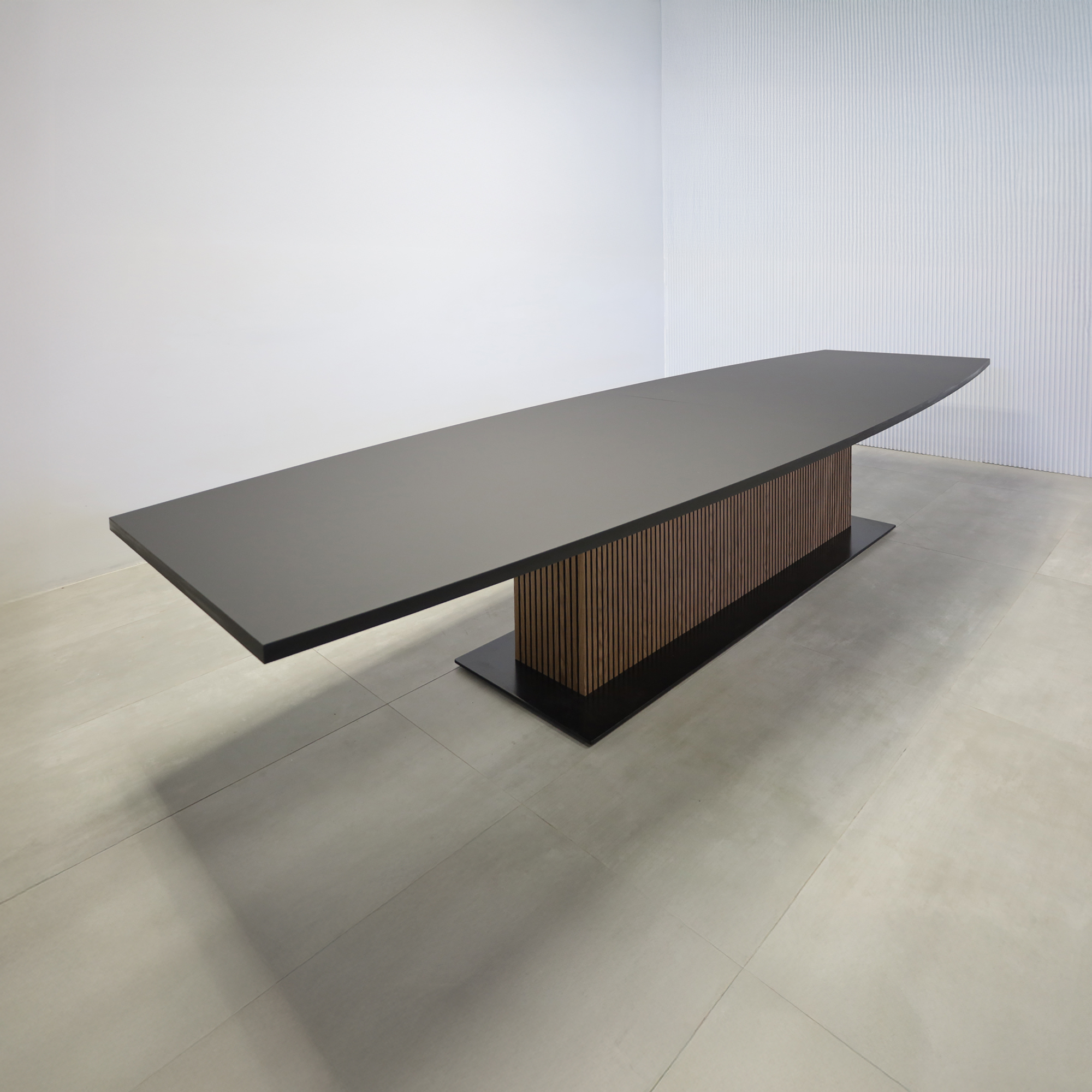 168-inch Newton Boat Conference Table with X3 Base and Black Traceless Laminate top, American Walnut & Black Tambour pedestal, and Black Powder-Coated base.