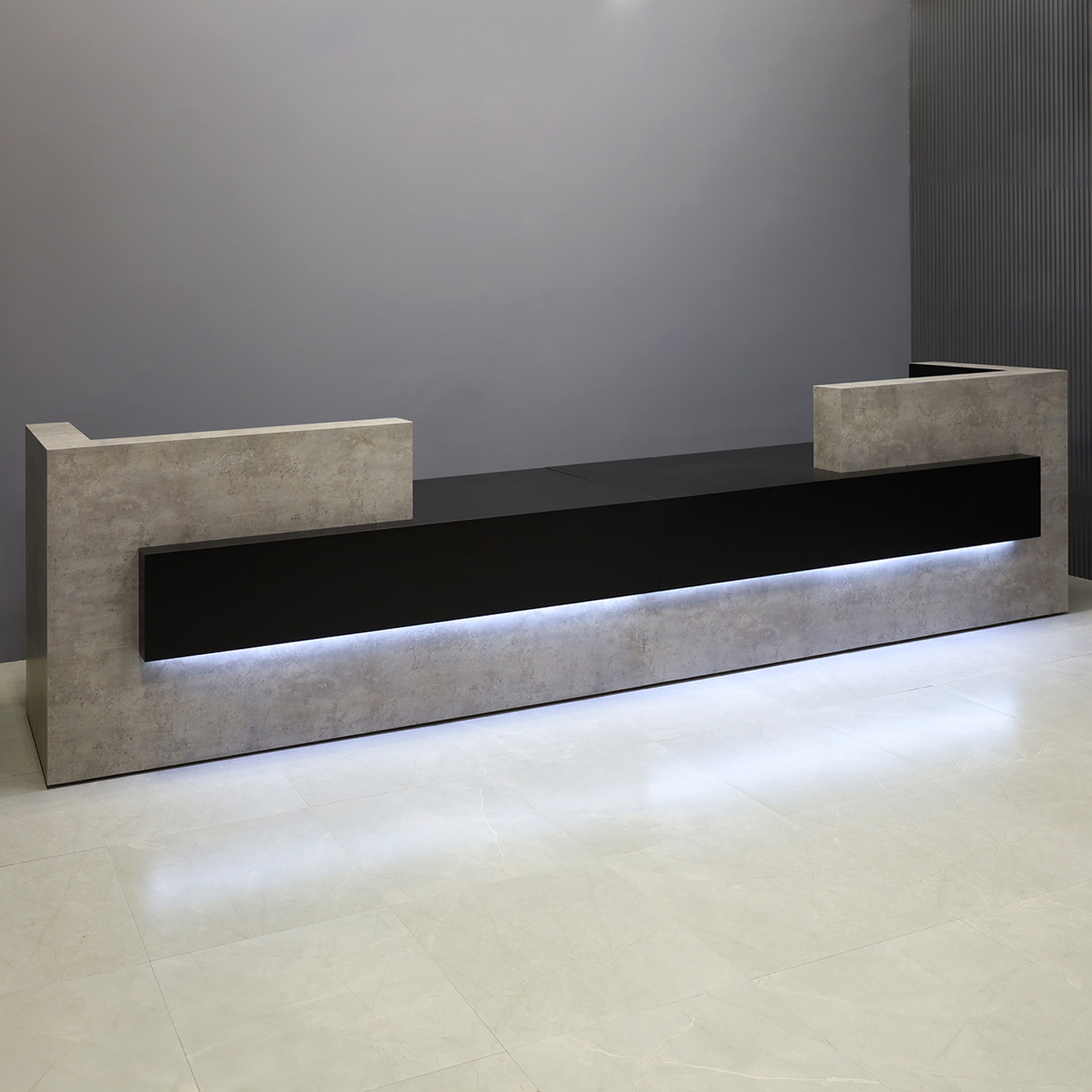 168-inch Atlanta Double Reception Desk with Industrial Concrete stone laminate counter. Black traceless laminate workspace, and White LED. 