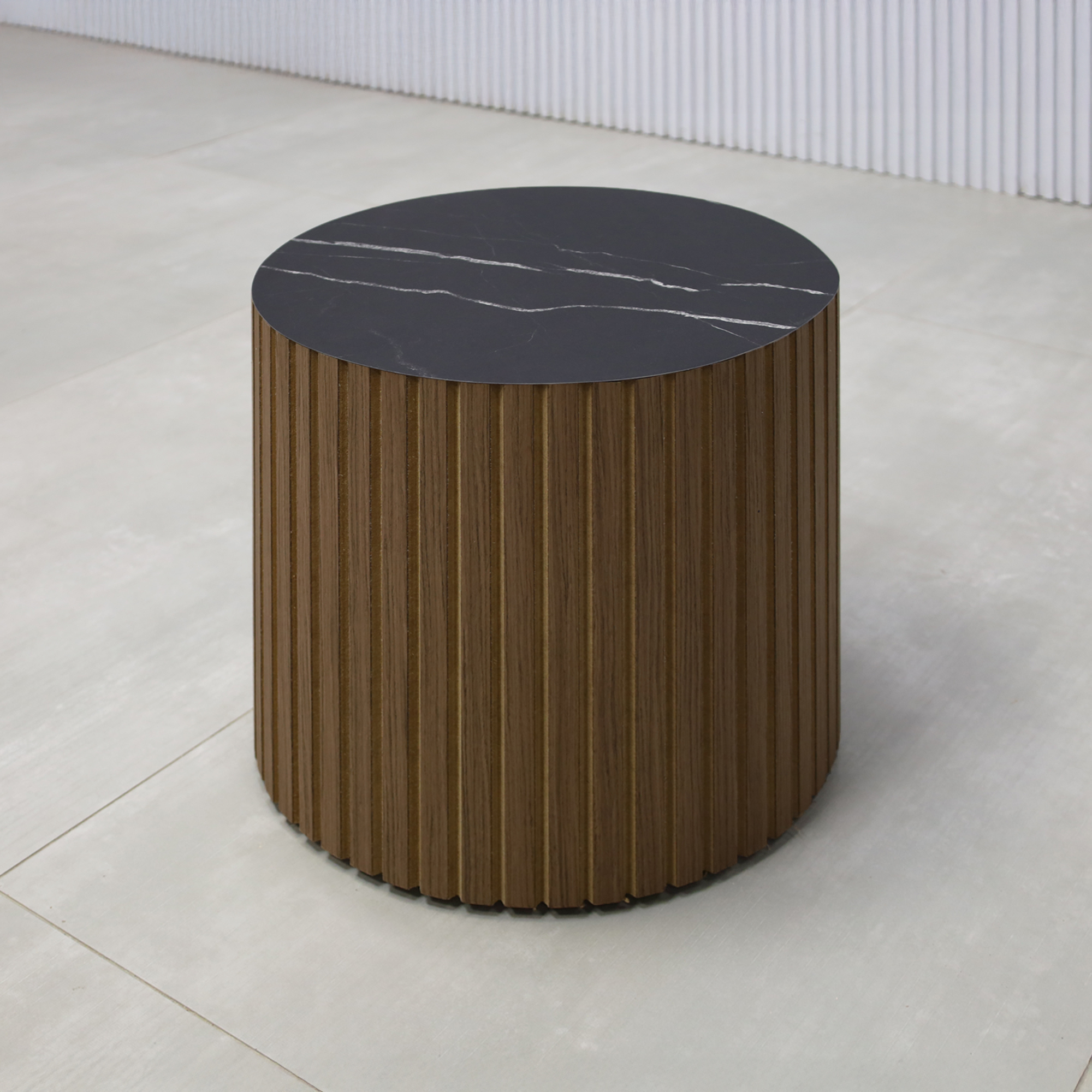 16-inch Norfolk Round Lobby Side Table with Black Stone Palazzo laminate Top, Spiced Walnut tambour & natural Side, and Black Stone Palazzo laminate Toe-Kick.