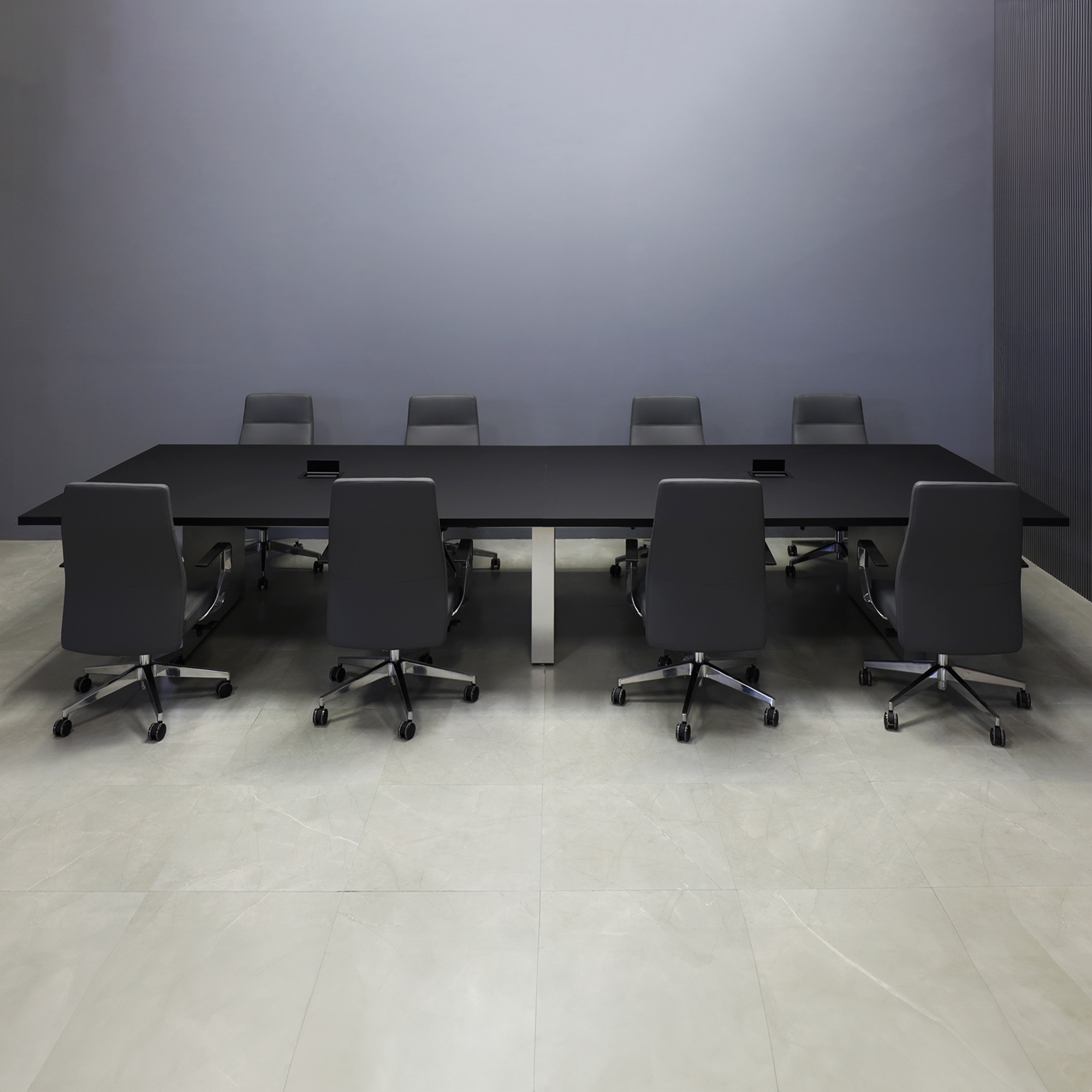 144-inch Newton Rectangular Conference Table with black traceless laminate top, brushed aluminum standard base, and two black nacre power boxes.