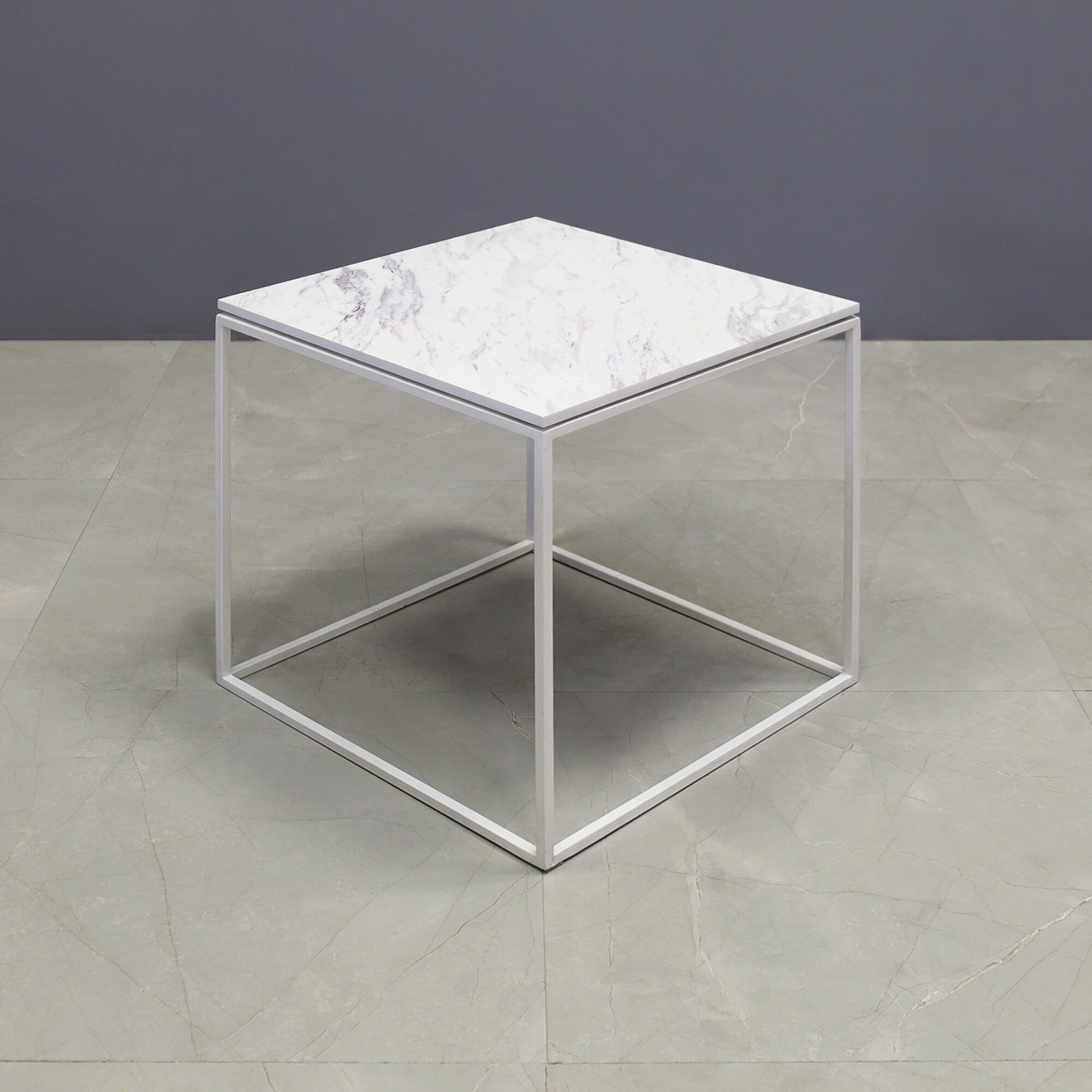 20-inch Aspen Square Side Lobby Table in 1/2" calcutta blanc engineered surface top and white metal frame, shown here.