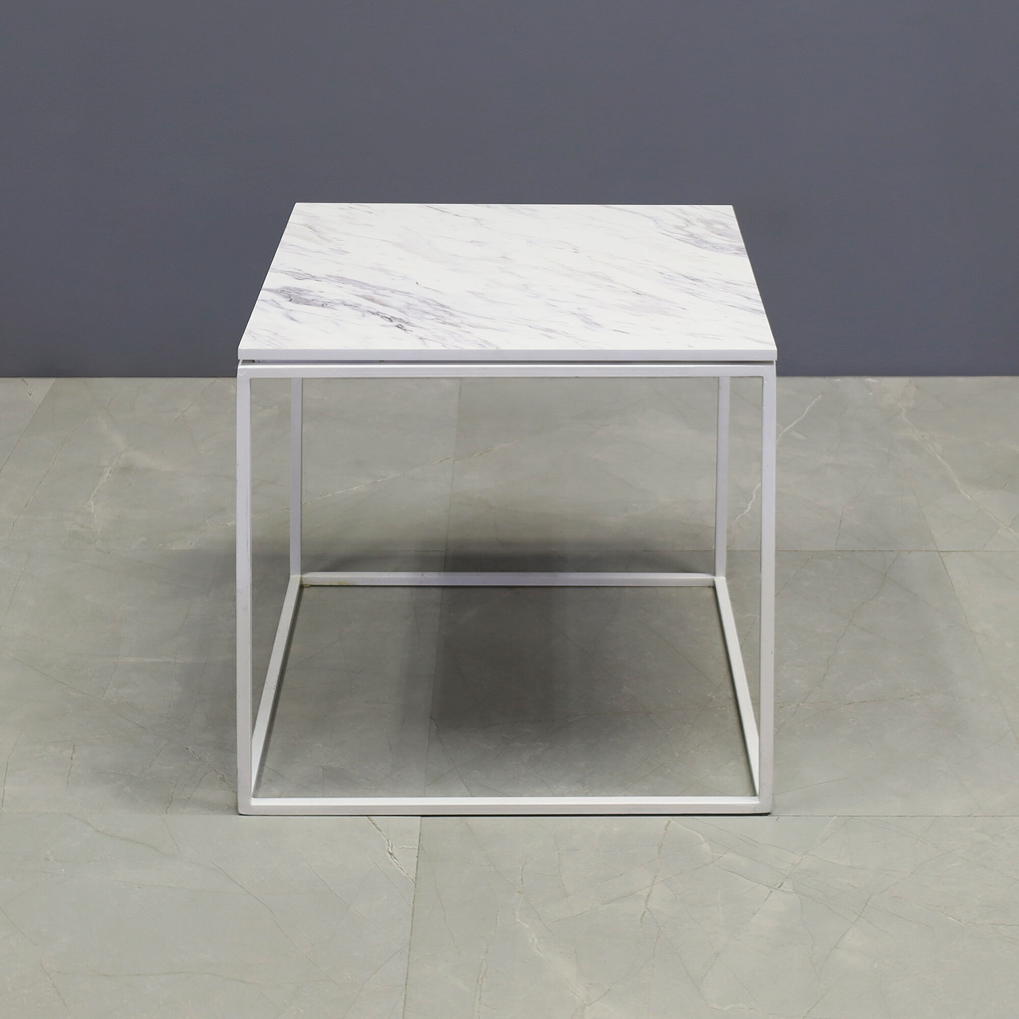 20-inch Aspen Square Side Lobby Table in 1/2" calcutta blanc engineered surface top and white metal frame, shown here.