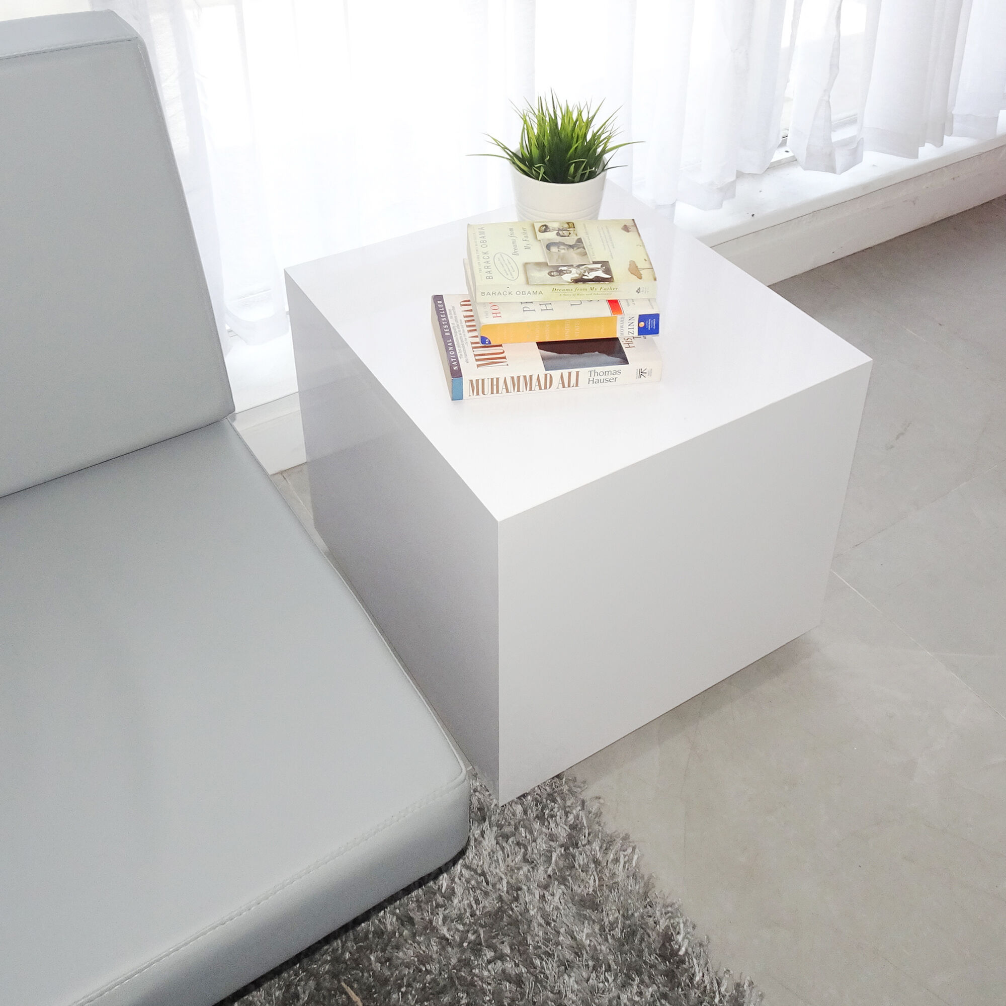 20-inch Norfolk Custom Square Side Table in white gloss Laminate top, and side table.