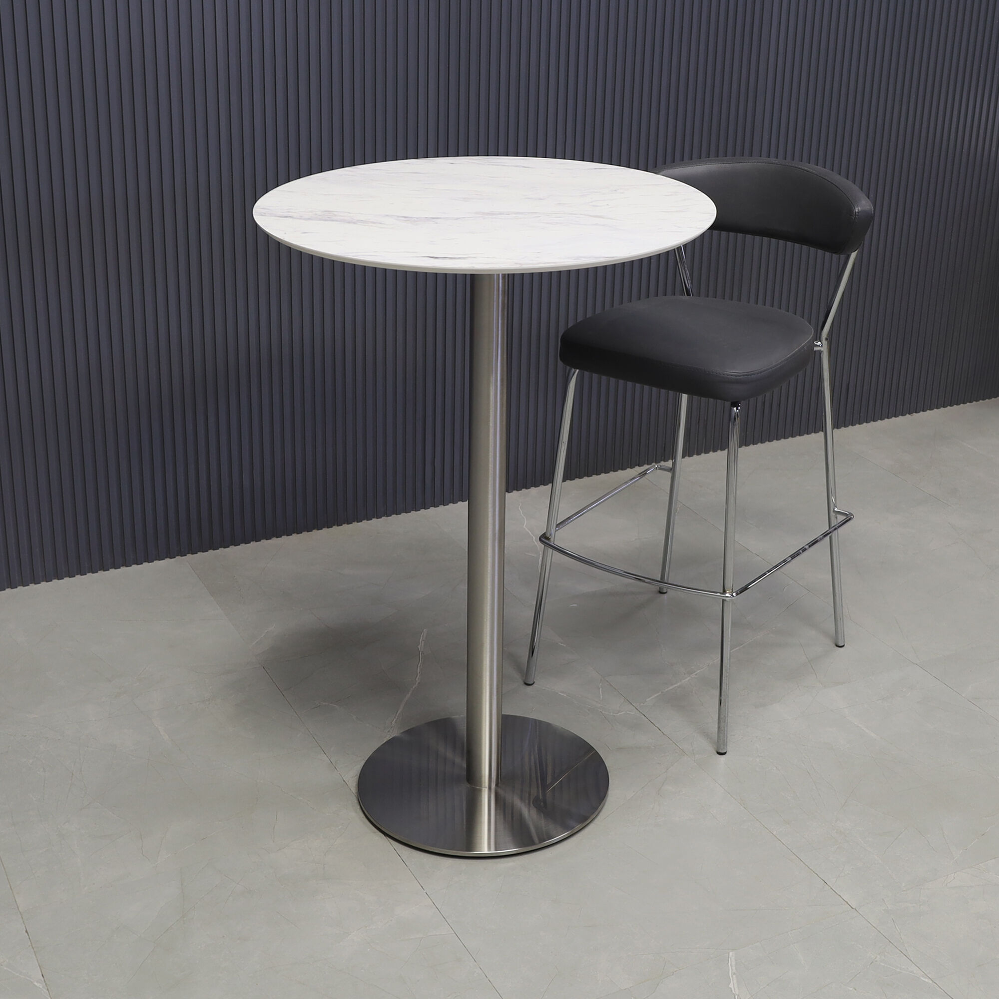 24-inch California Round Engineered Surface Bar Table in 1/2" calcutta blanc engineered surface and brushed stainless steel base, shown here.
