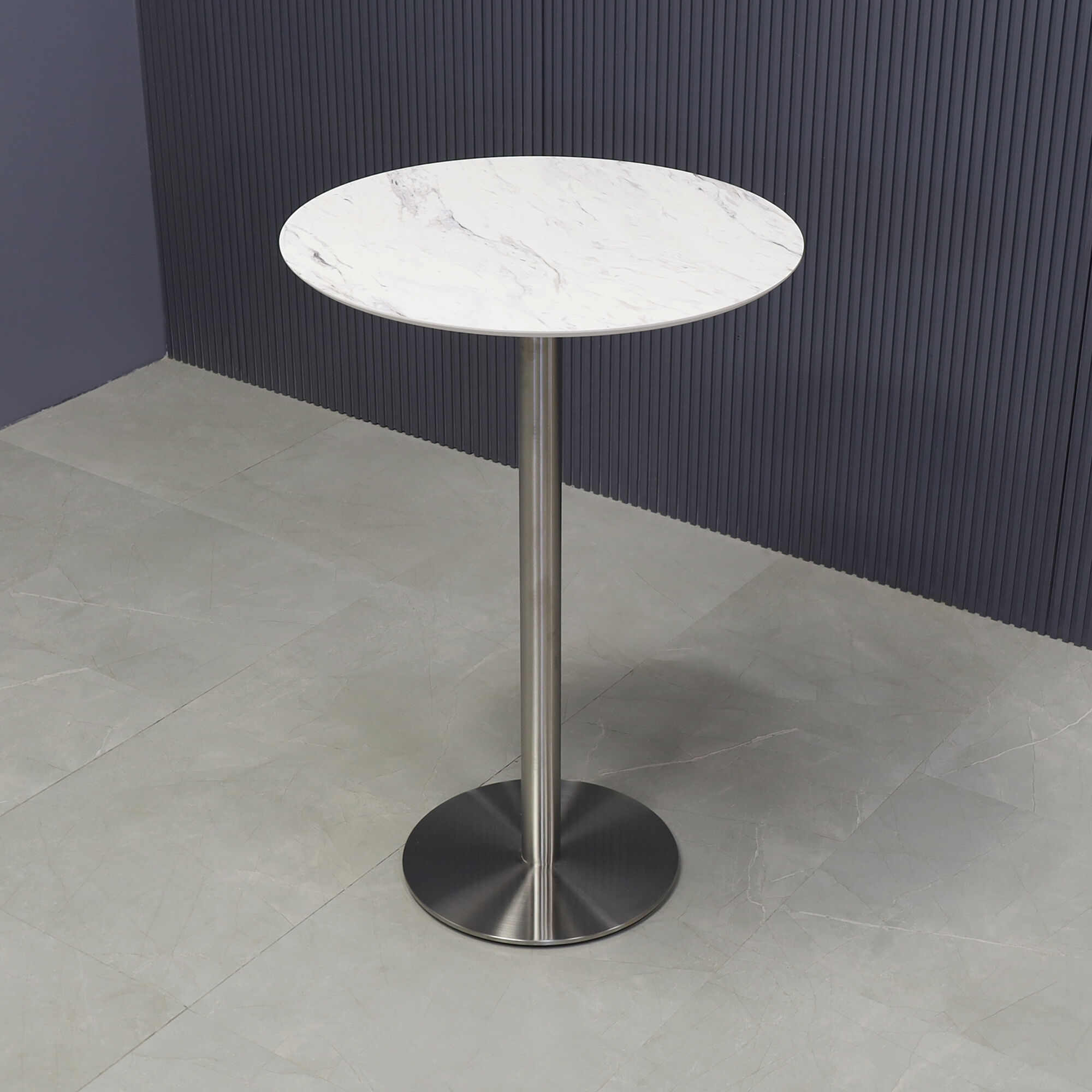 24-inch California Round Engineered Surface Bar Table in 1/2" calcutta blanc engineered surface and brushed stainless steel base, shown here.