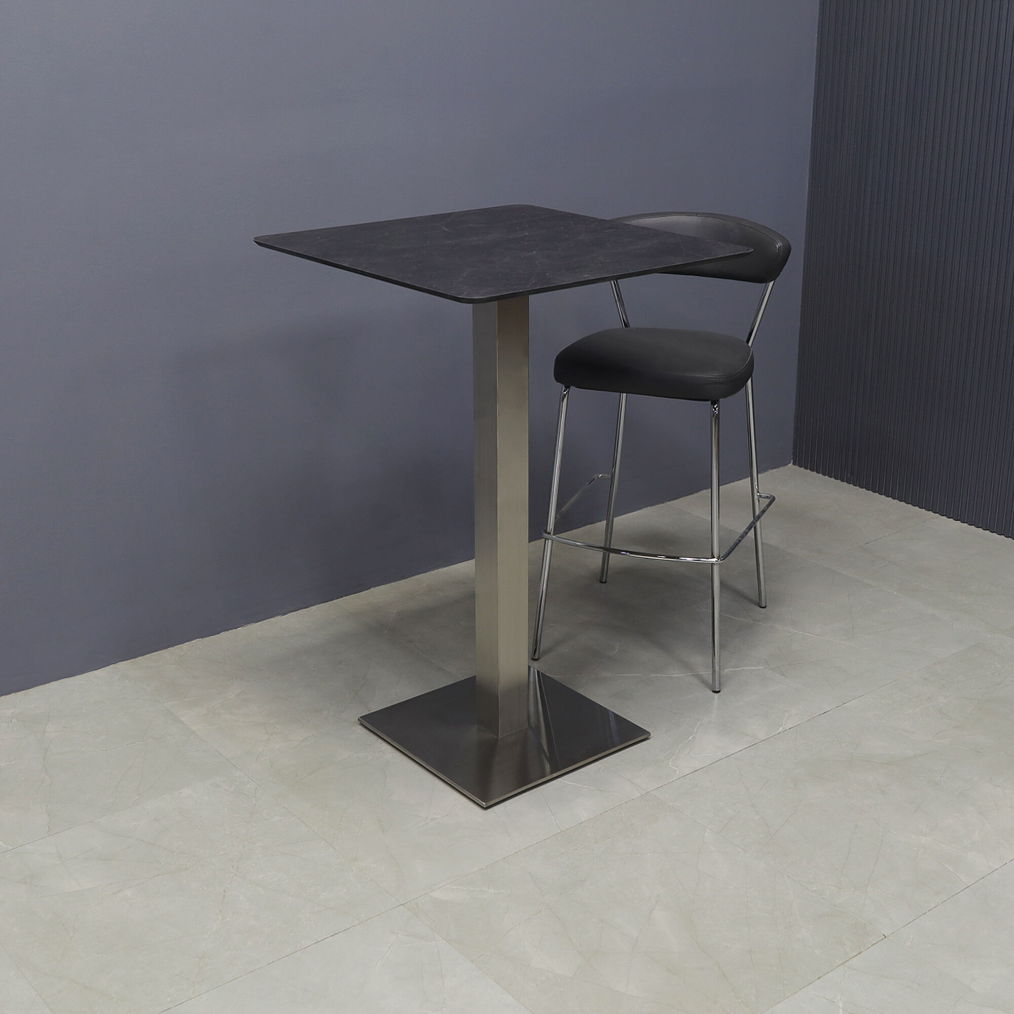 28-inch California Square Engineered Surface Bar Table in 1/2" black amani engineered surface top and brushed stainless steel base, shown here.