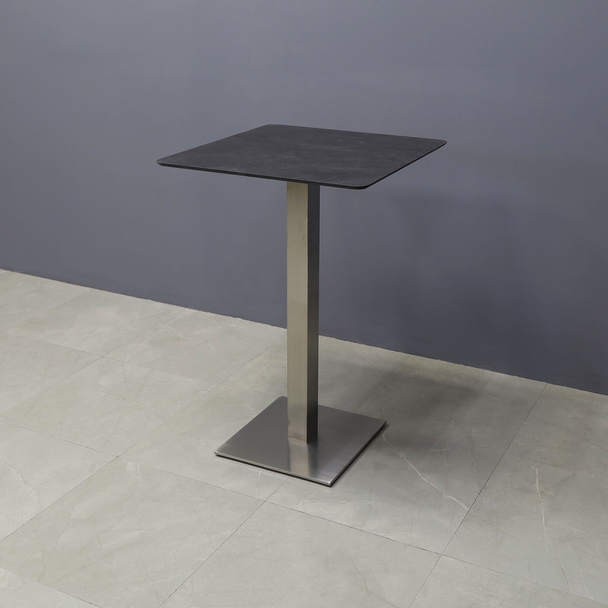 28-inch California Square Engineered Surface Bar Table in 1/2" black amani engineered surface top and brushed stainless steel base, shown here.