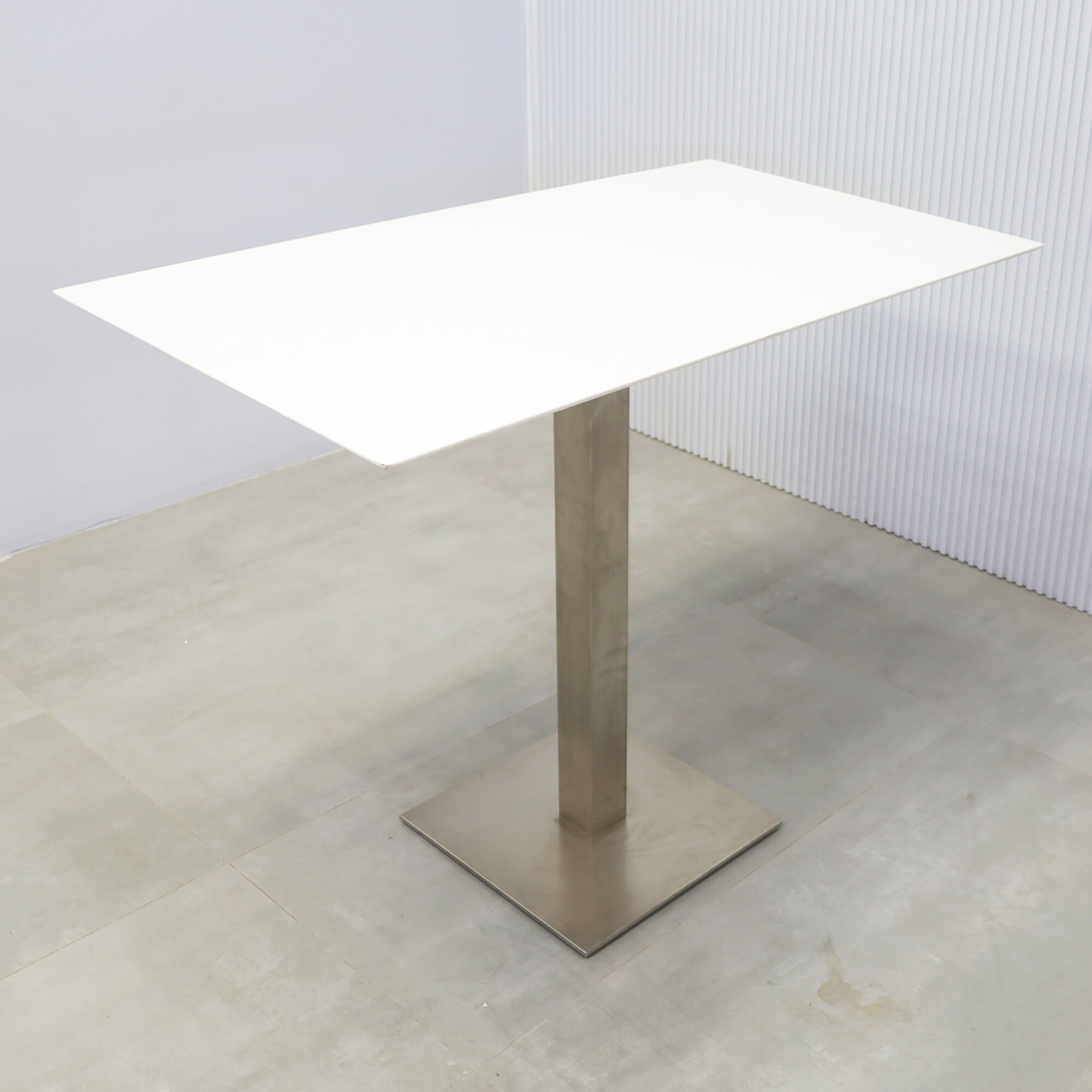 49-inch Aurora Rectangular Conference Table with white solid engineered surface top and brushed aluminum base.
