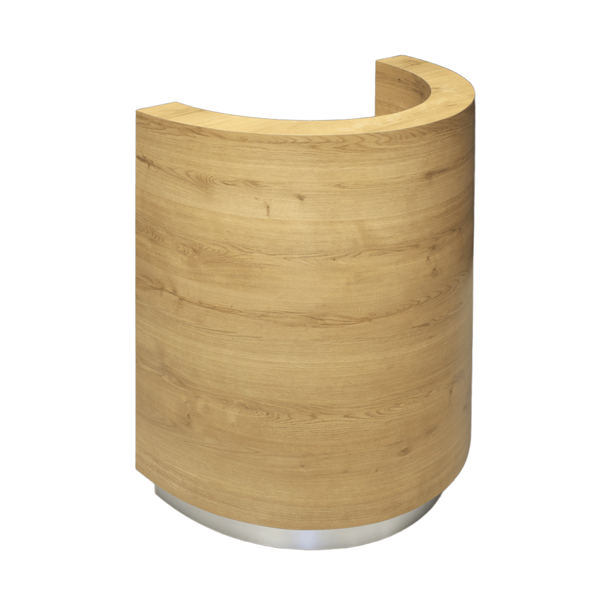 32-inch Lima Round Podium & Host Custom Desk in planked urban oak matte laminate main desk and brushed aluminum toe-kick.