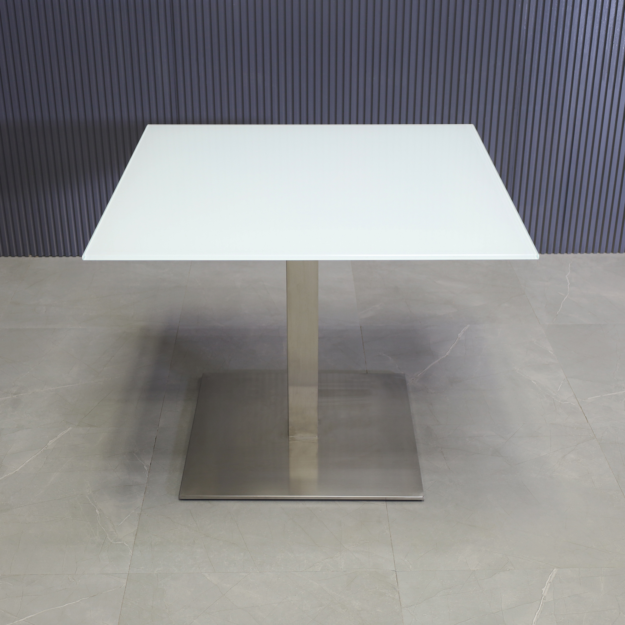 36-inch California Square Cafeteria Table in 1/2" white tempered glass top and silver base shown here.