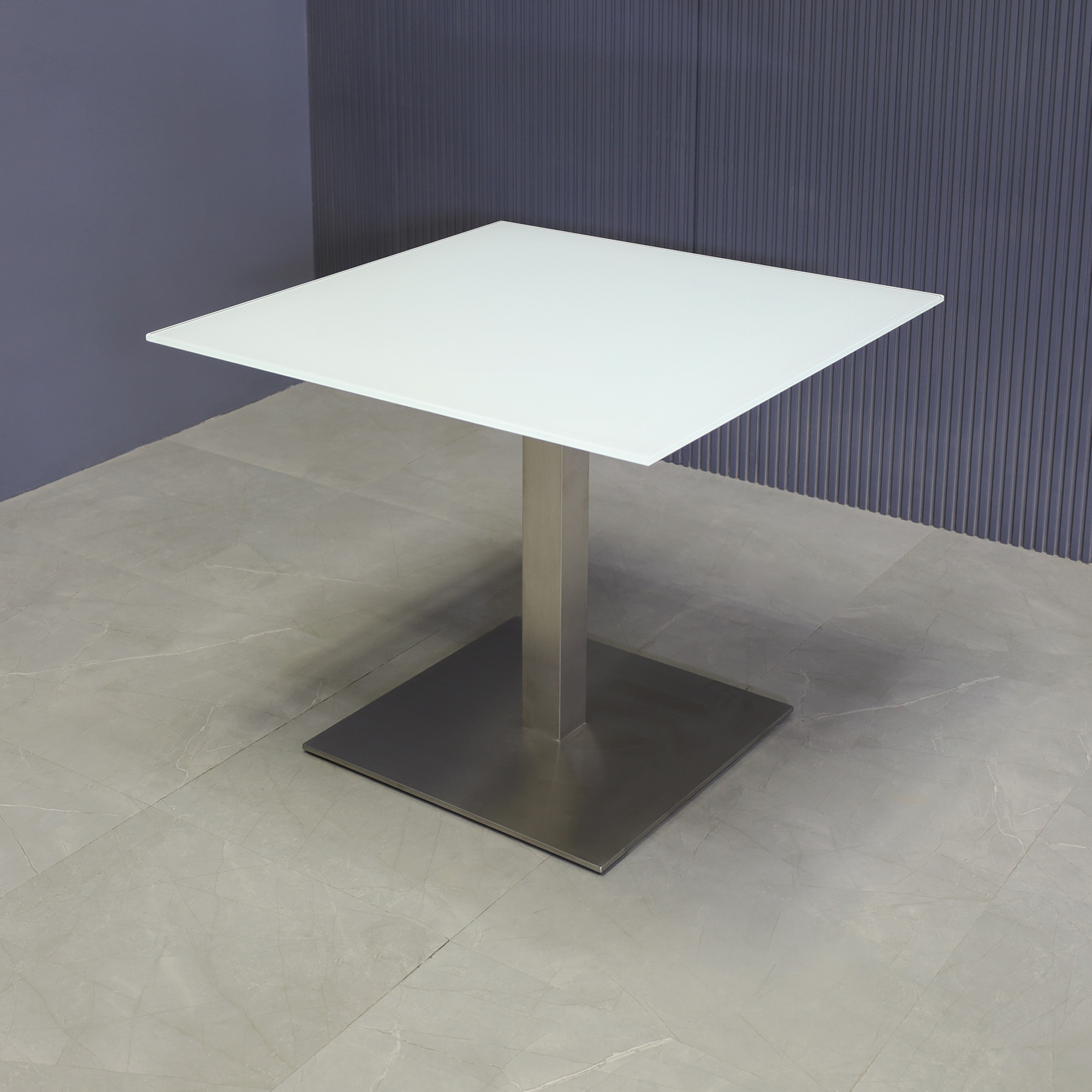 36-inch California Square Cafeteria Table in 1/2" white tempered glass top and silver base shown here.