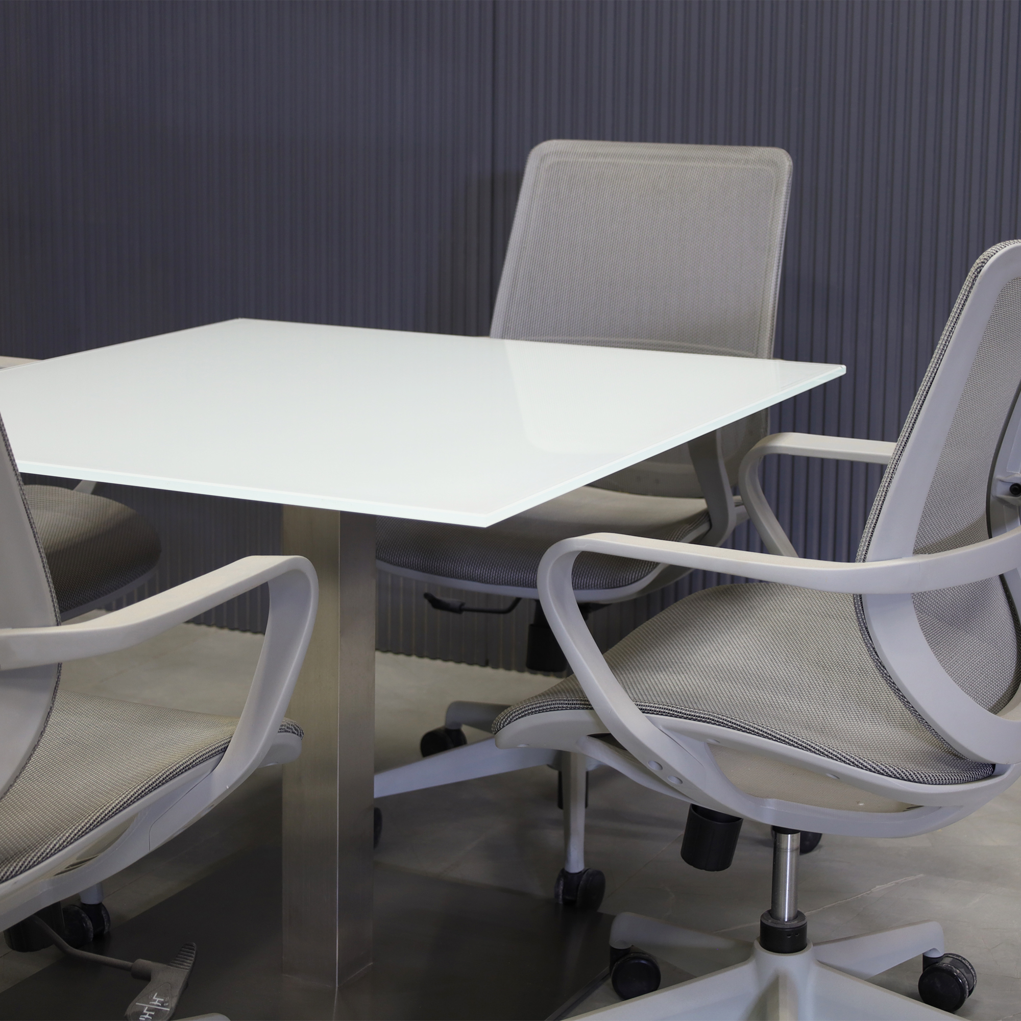 36-inch California Square Cafeteria Table in 1/2" white tempered glass top and silver base shown here.