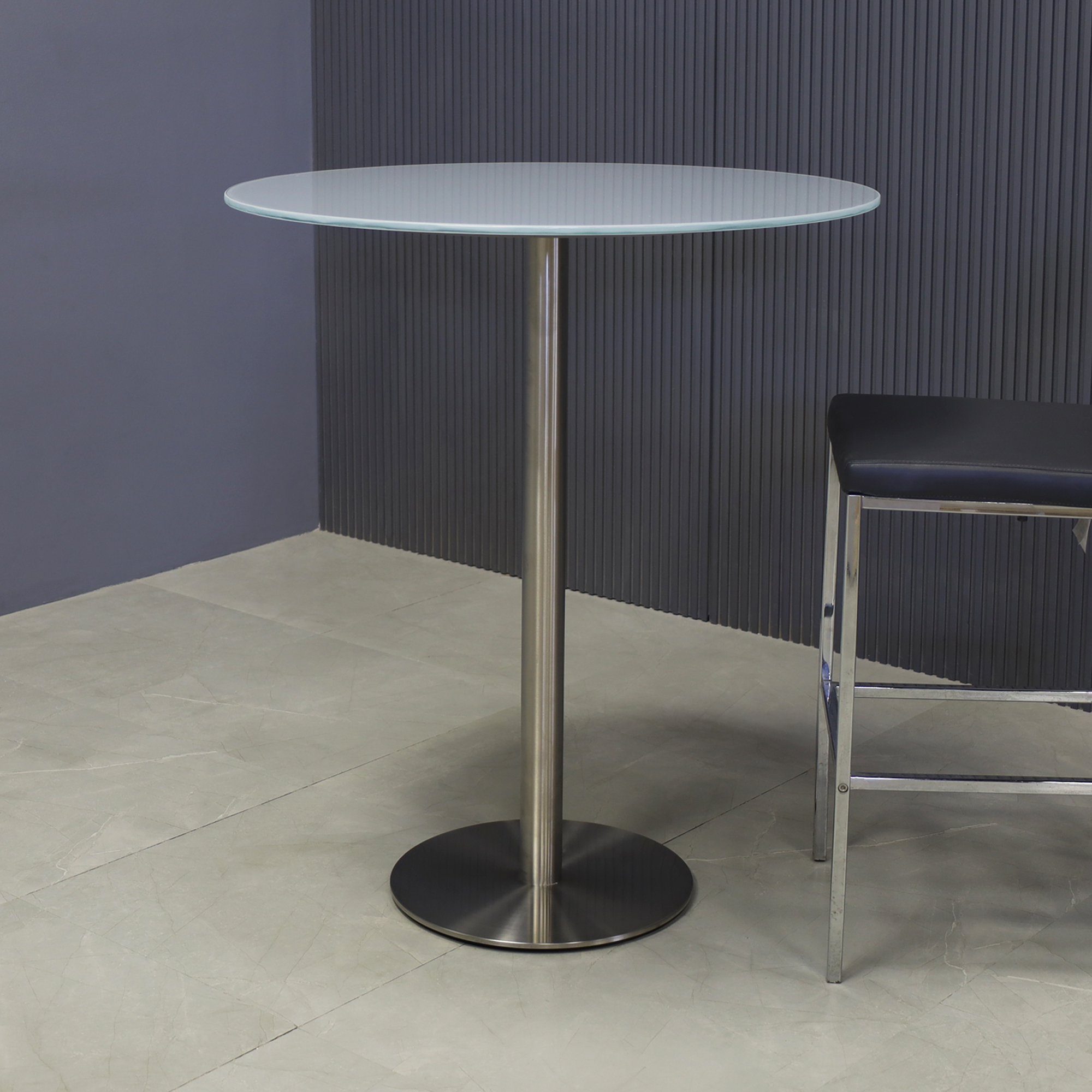 36-inch California Round Bar Table in 1/2" white tempered glass top and silver base shown here.