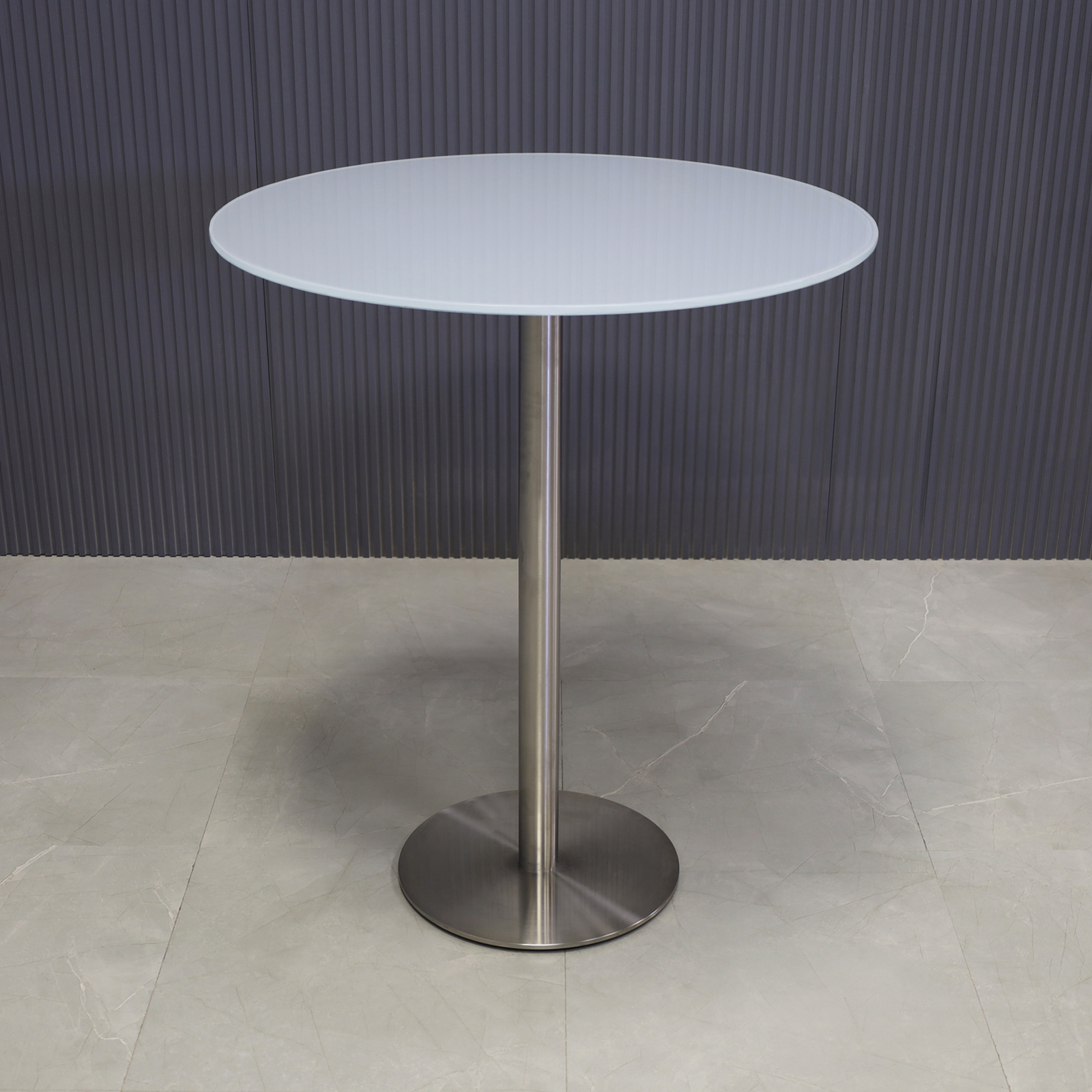 36-inch California Round Bar Table in 1/2" white tempered glass top and silver base shown here.