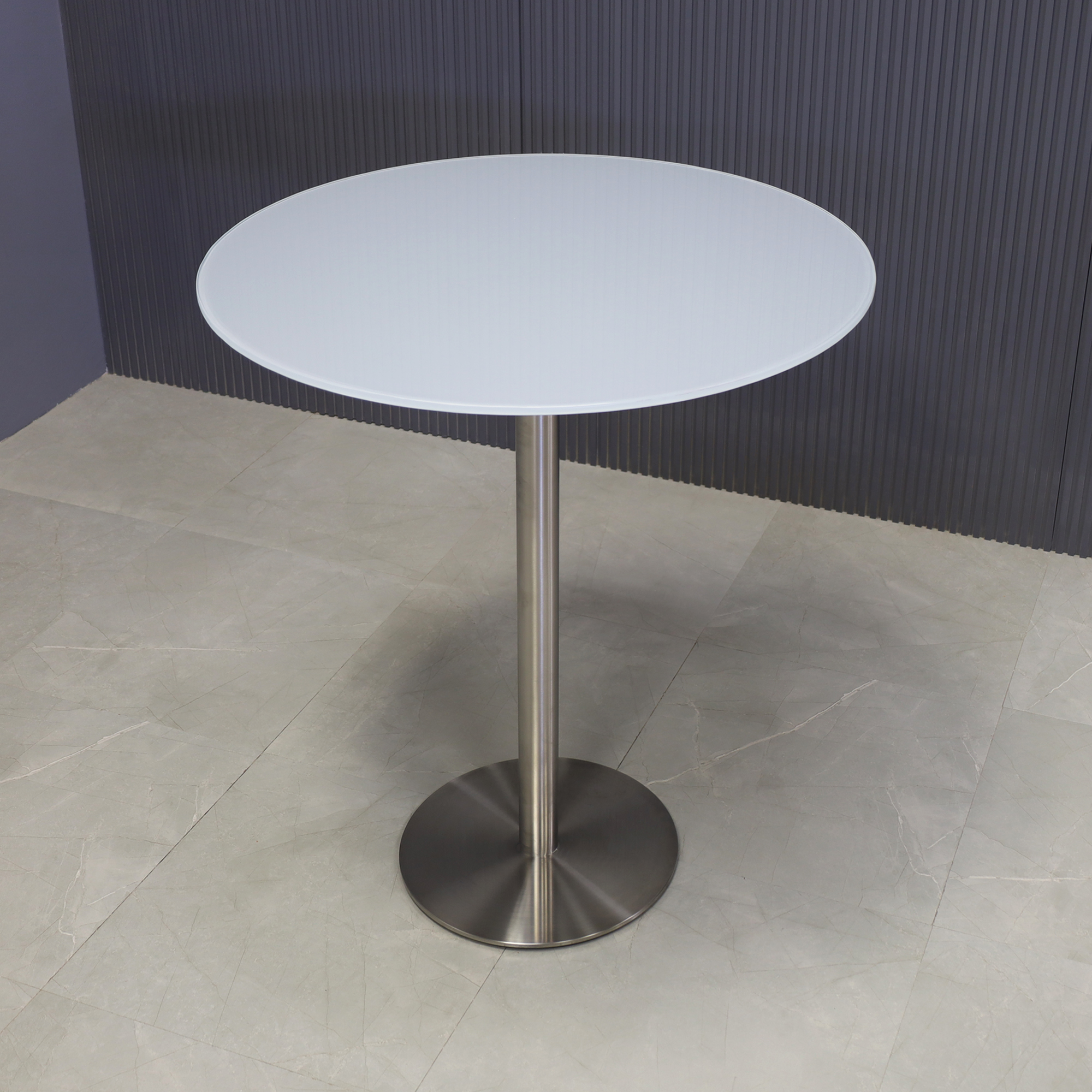 36-inch California Round Bar Table in 1/2" white tempered glass top and silver base shown here.