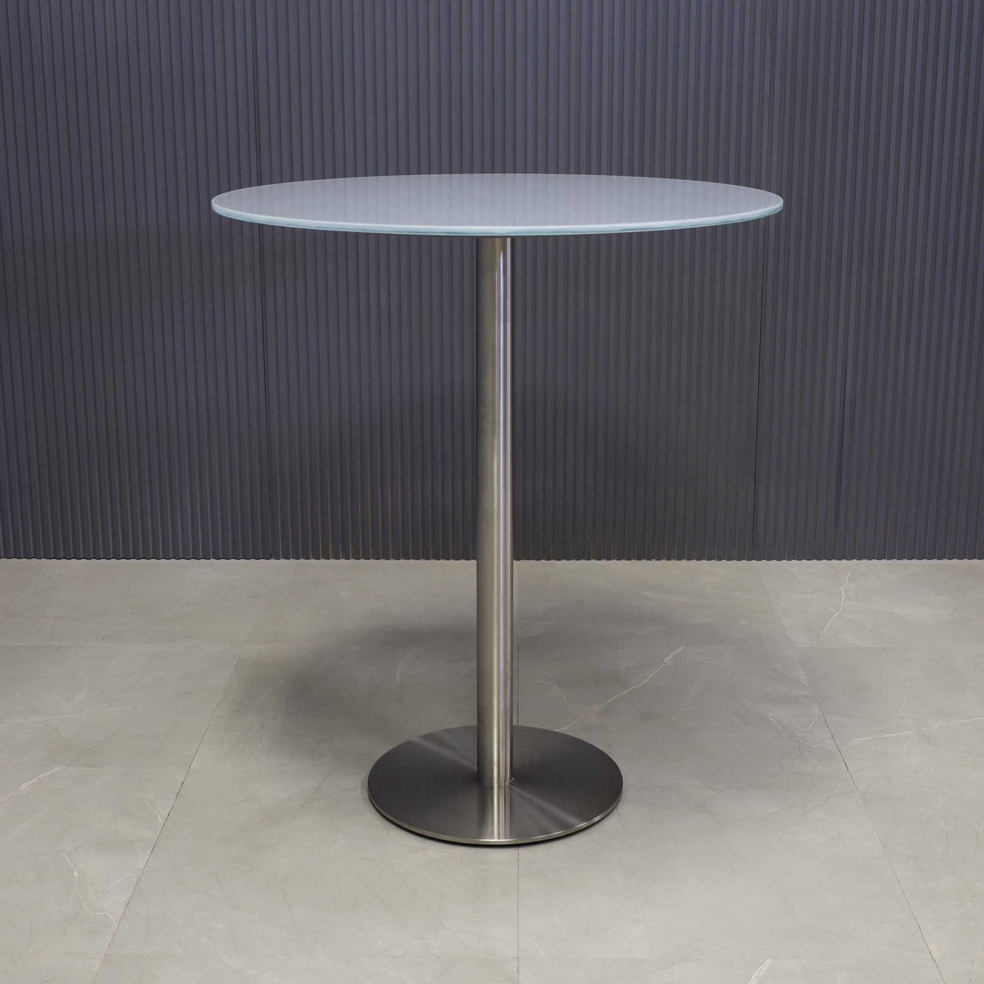 36-inch California Round Bar Table in 1/2" white tempered glass top and silver base shown here.
