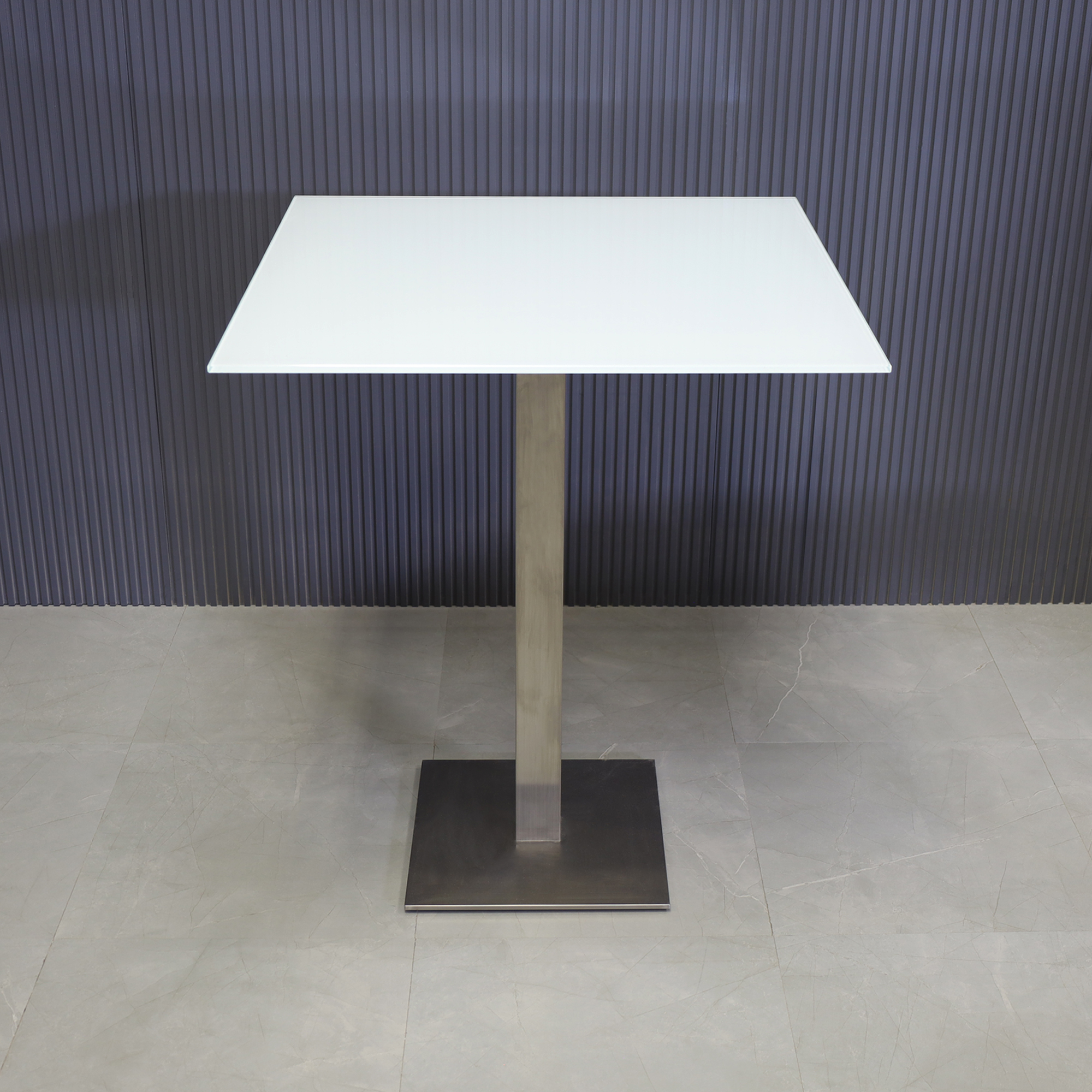 36-inches California Square Bar Table with 1/2" white tempered glass top and silver base shown here.