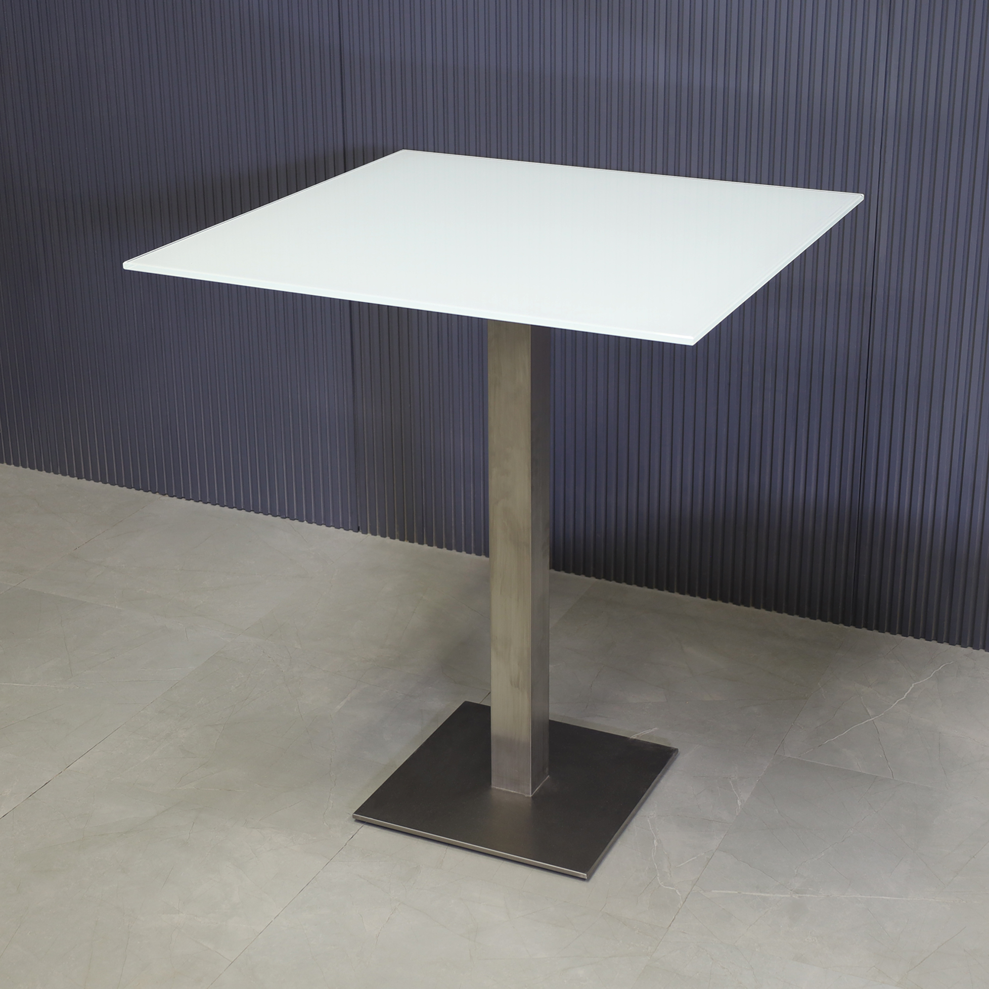 36-inches California Square Bar Table with 1/2" white tempered glass top and silver base shown here.