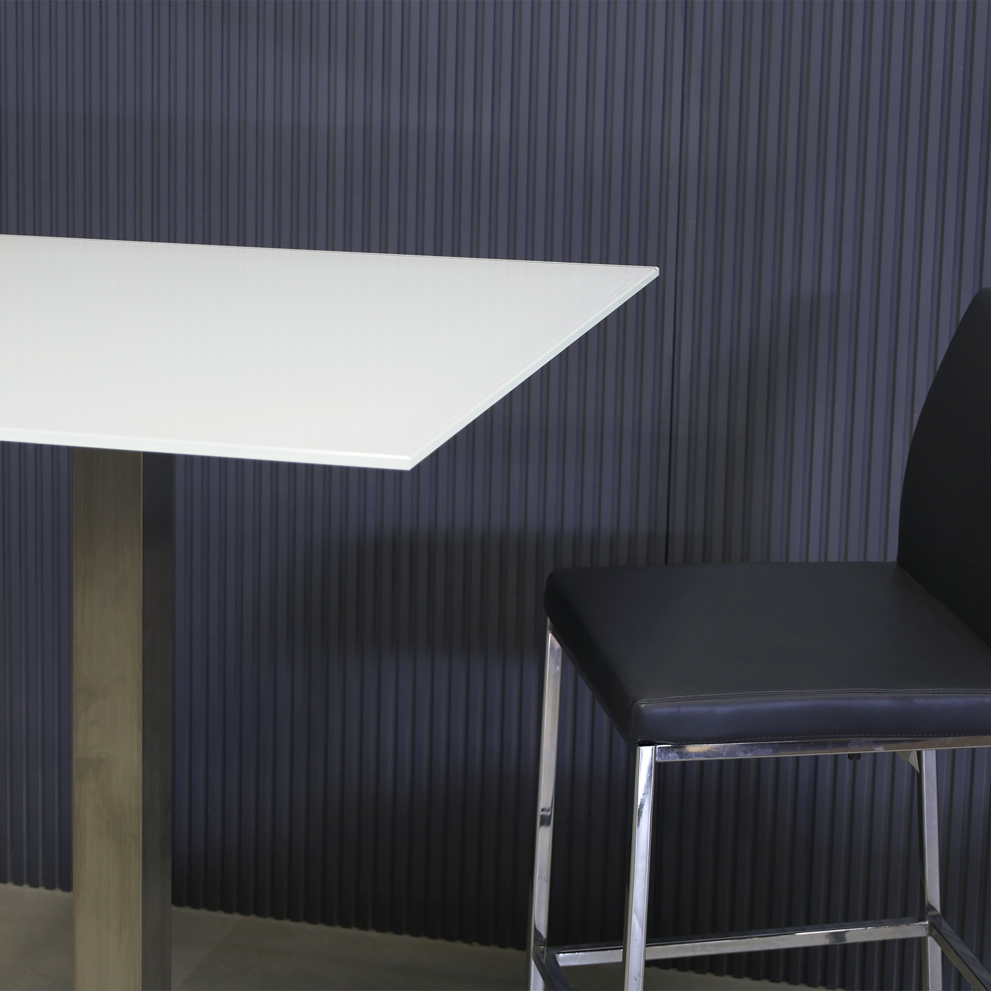 36-inches California Square Bar Table with 1/2" white tempered glass top and silver base shown here.