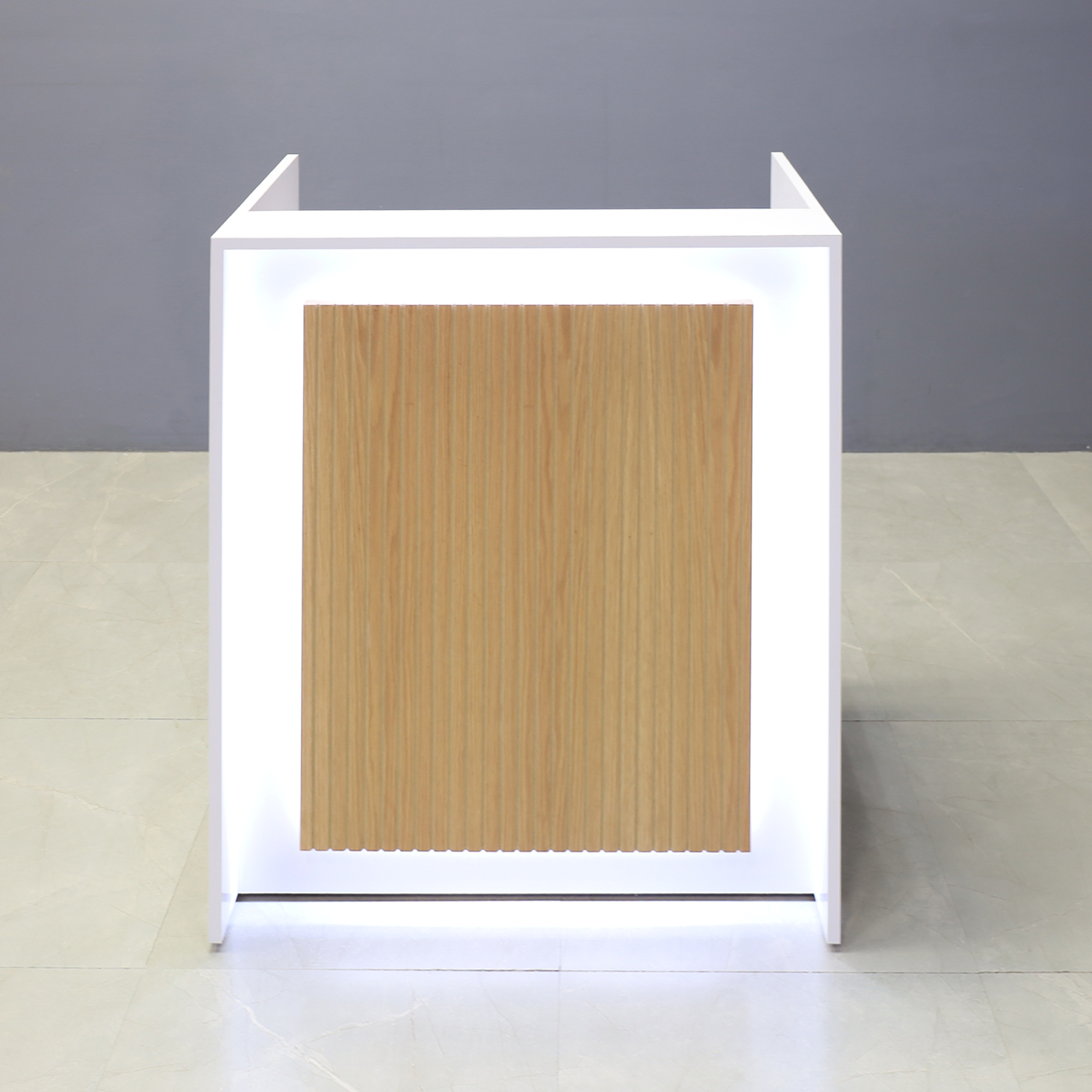 36-inch New York U-Shape Podium & Host Custom Desk with white gloss laminate desk & counter, white oak veneer tambour accent, and warm white LED.