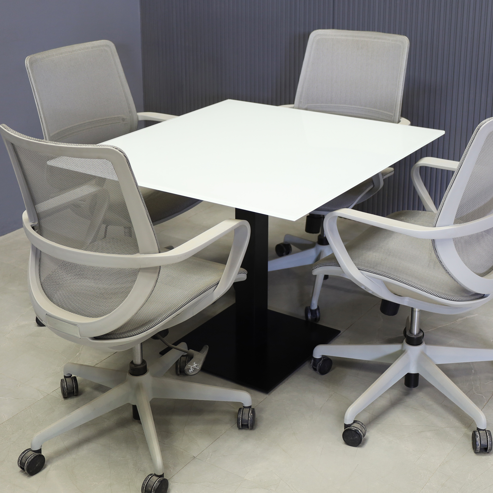 36-inch California Square Cafeteria Table in 1/2" white tempered glass top and black base shown here.