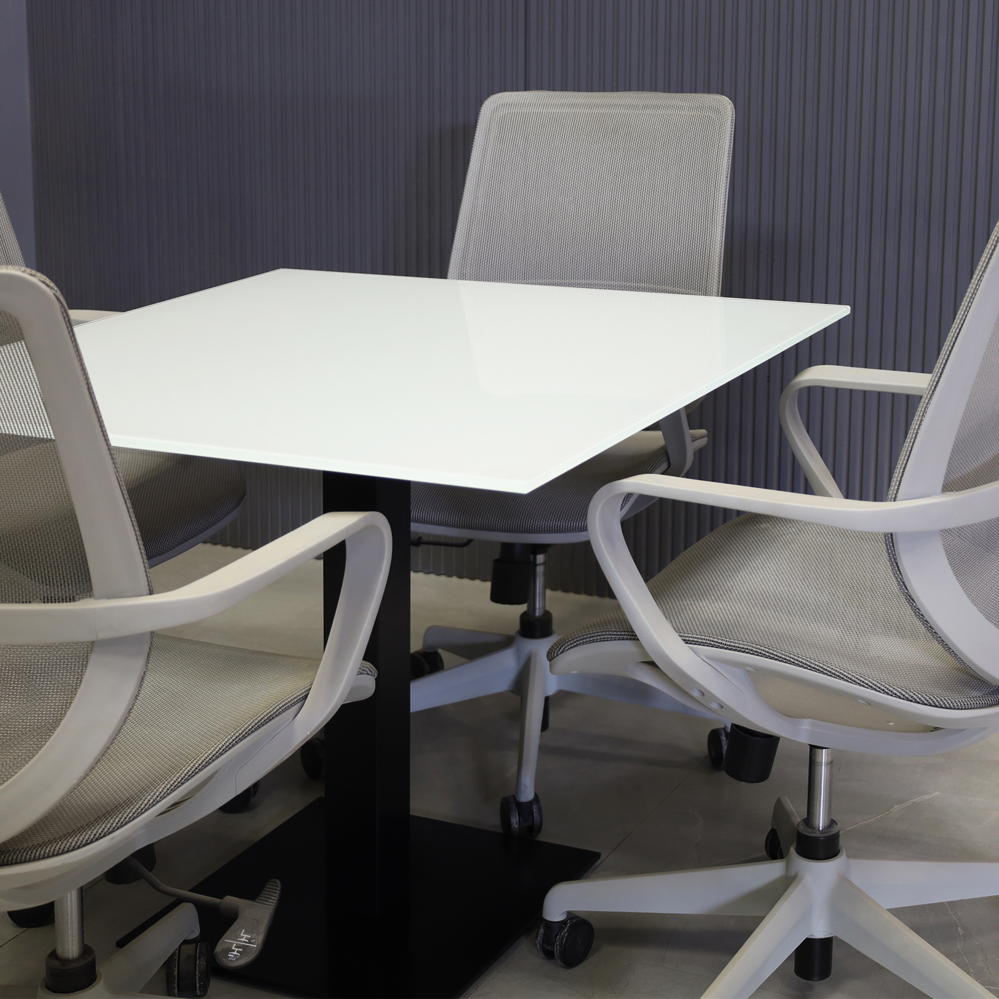 36-inch California Square Cafeteria Table in 1/2" white tempered glass top and black base shown here.