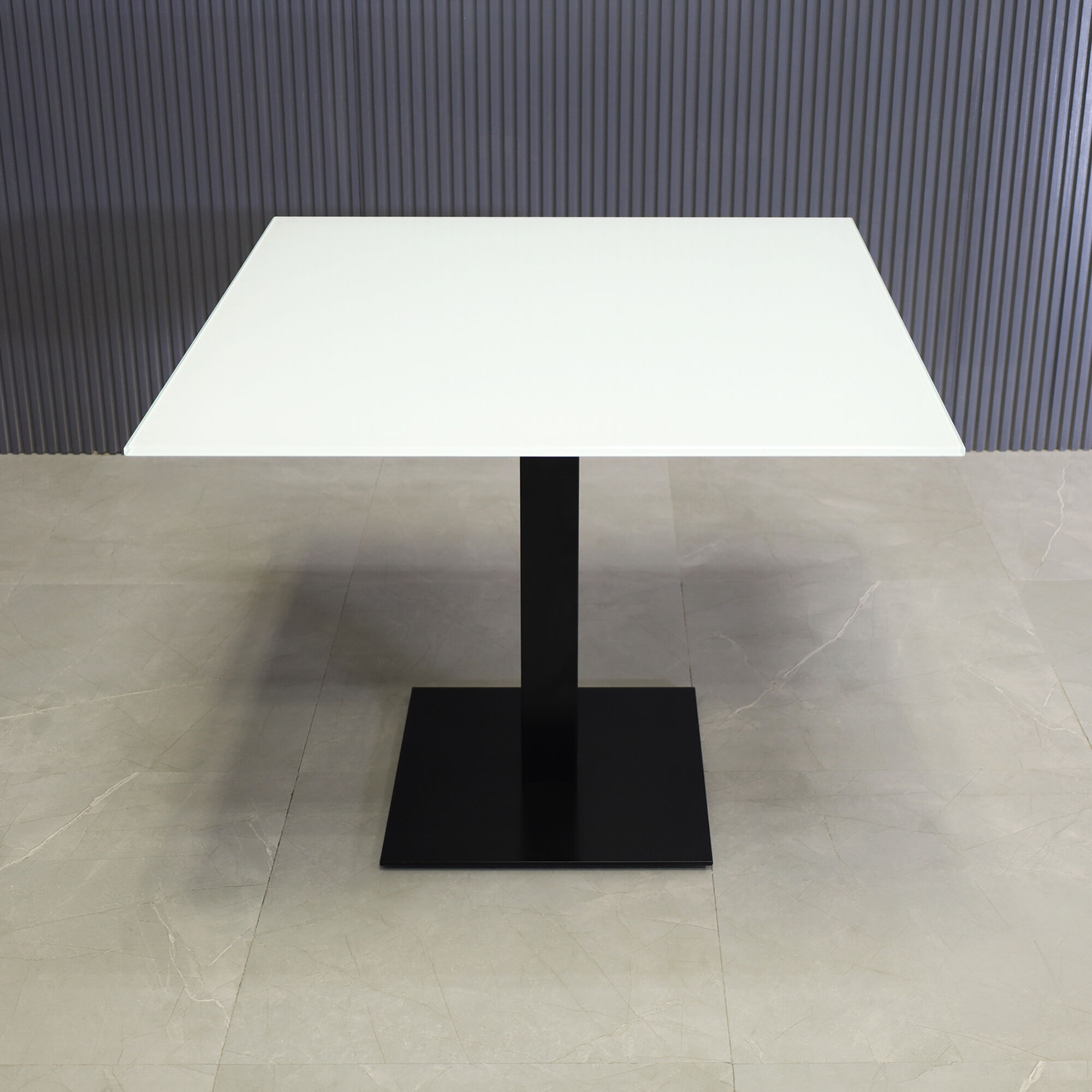 36-inch California Square Conference Table with 1/2-inch White tempered glass top and black metal powder-coated base.