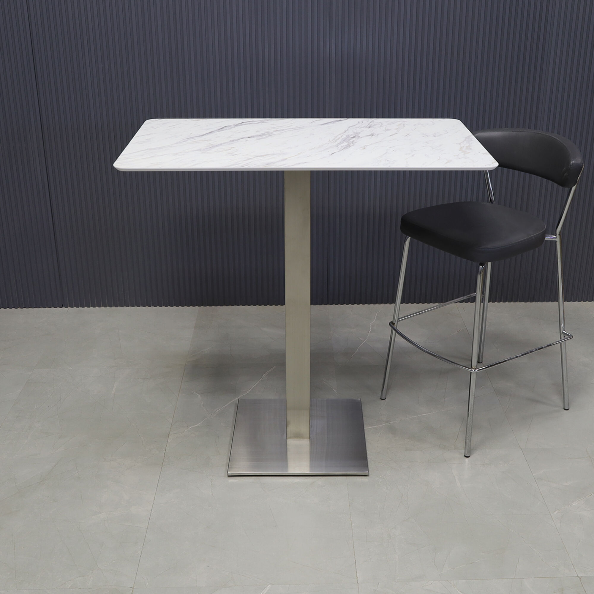 42-inch California Rectangular Engineered Surface Bar Table in 1/2" blanc calcutta engineered surface top and brushed stainless steel base, shown here.