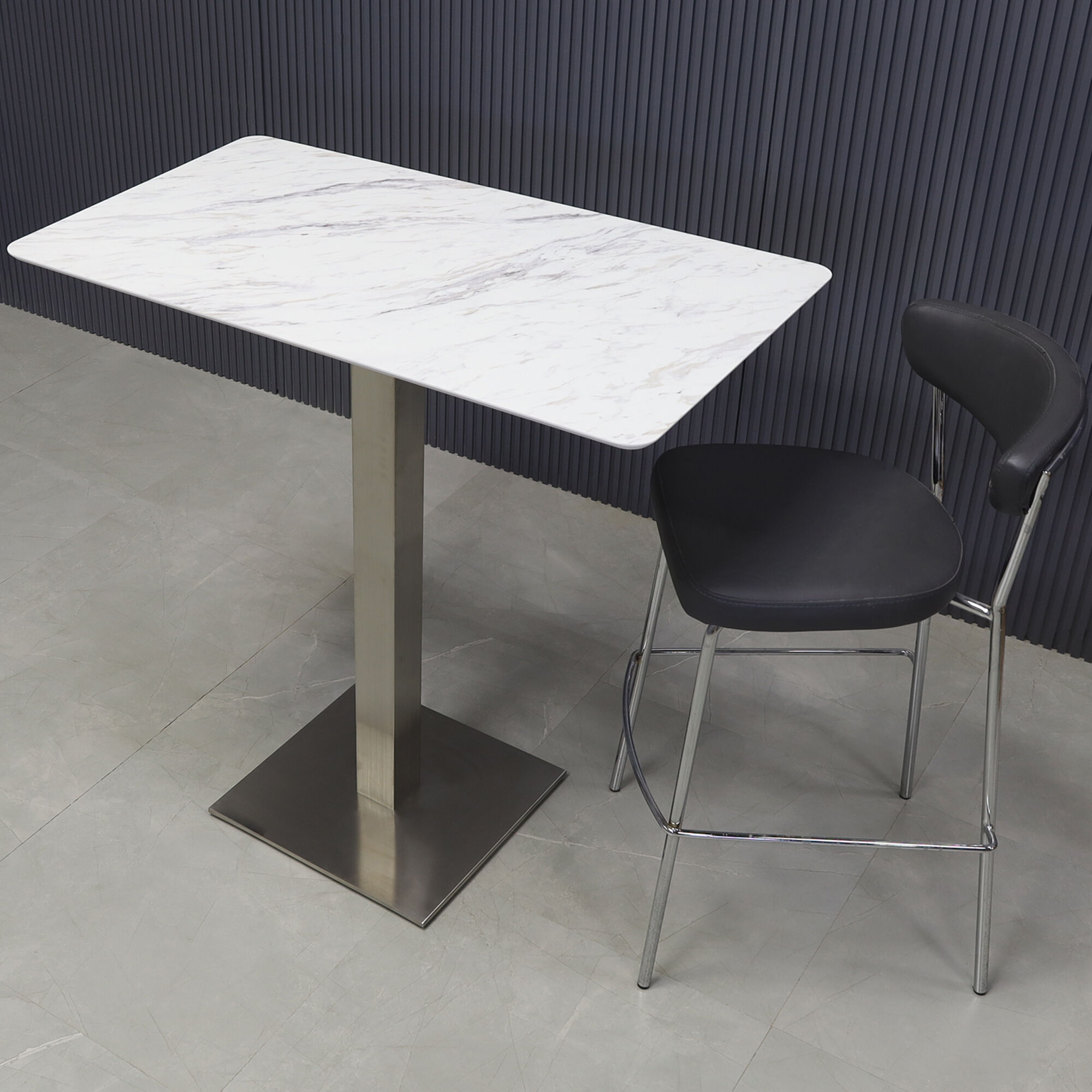 42-inch California Rectangular Engineered Surface Bar Table in 1/2" blanc calcutta engineered surface top and brushed stainless steel base, shown here.