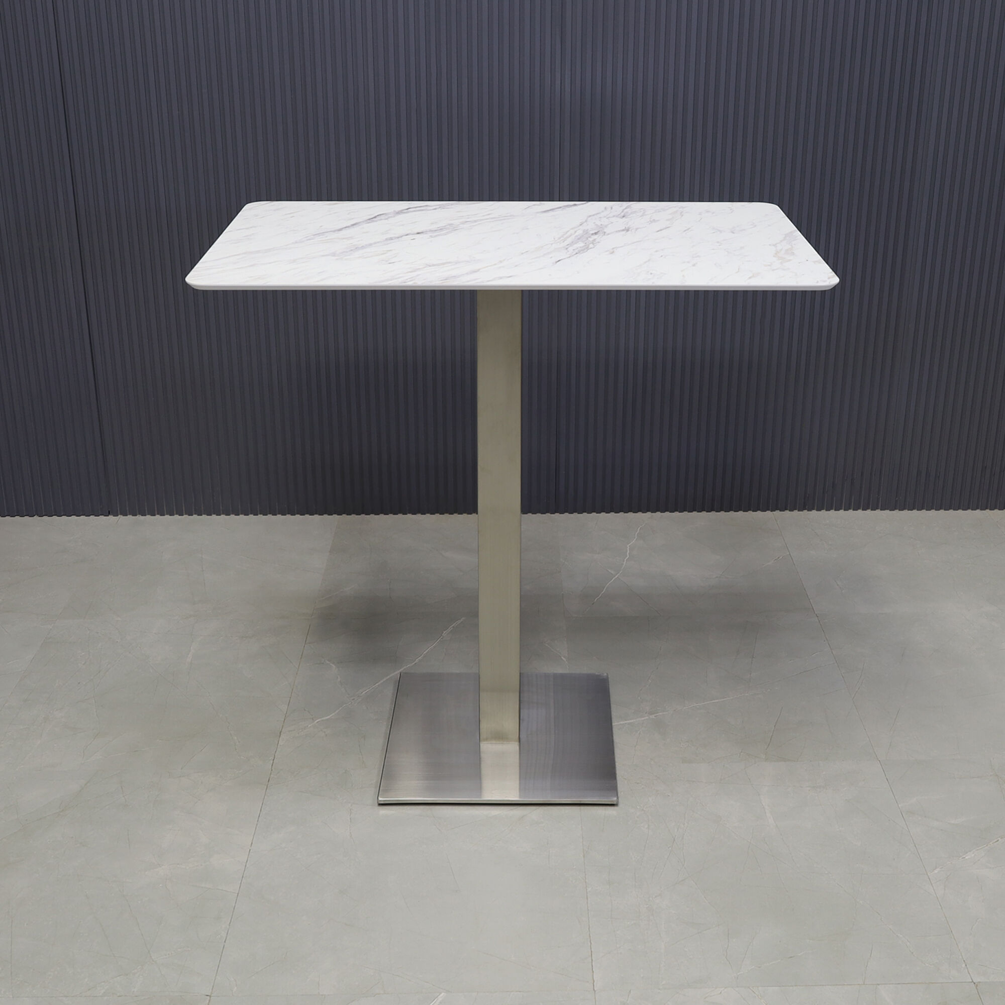 42-inch California Rectangular Engineered Surface Bar Table in 1/2" blanc calcutta engineered surface top and brushed stainless steel base, shown here.