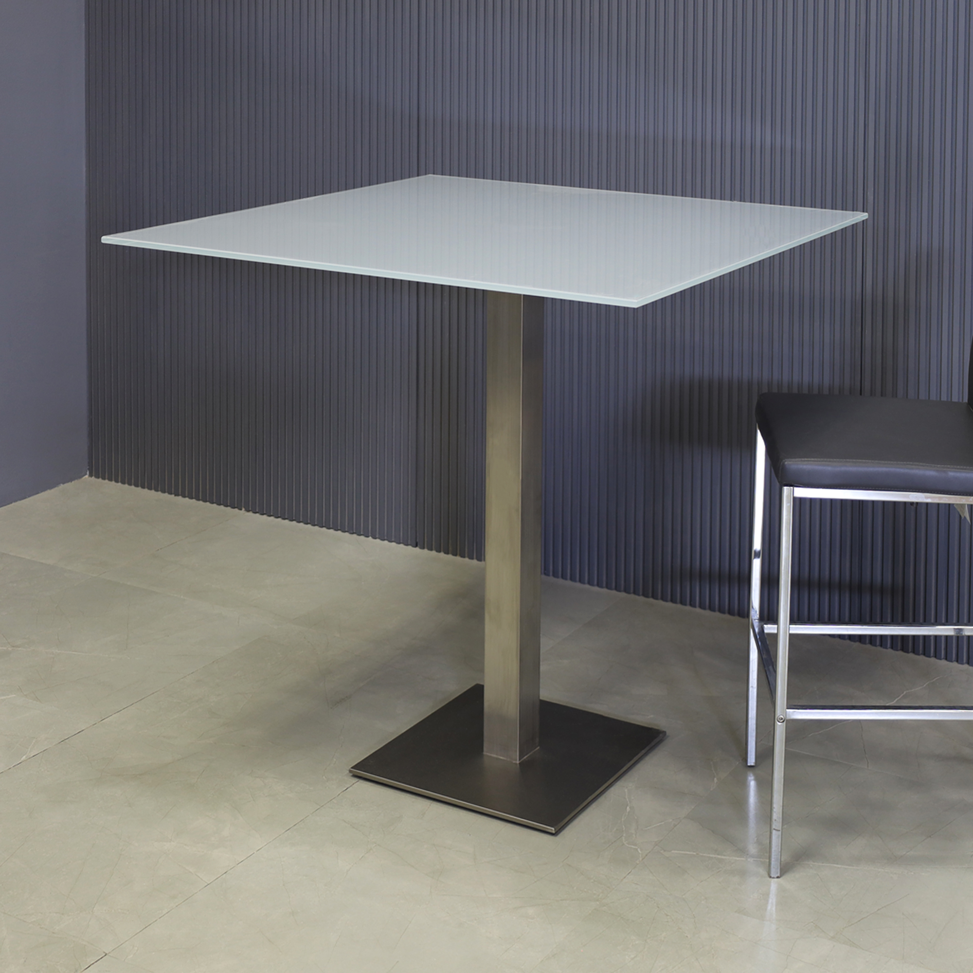 42-inches California Square Bar Table with 1/2" light gray tempered glass top and silver base shown here.