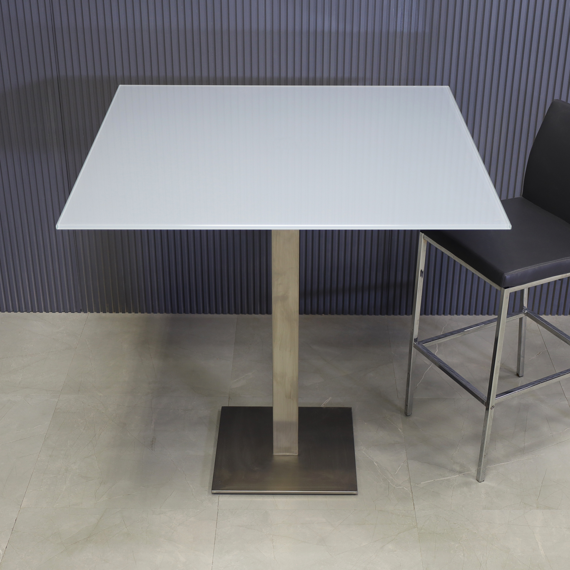 42-inches California Square Bar Table with 1/2" light gray tempered glass top and silver base shown here.