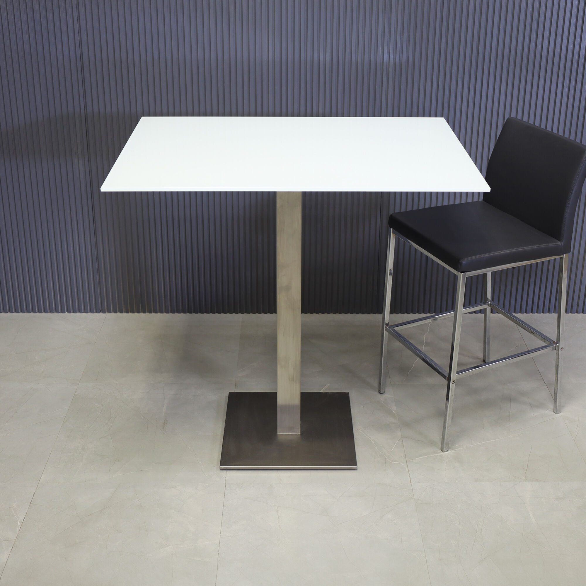 42-inch California Rectangular Bar Table in 1/2" white tempered glass top, and stainless steel base.